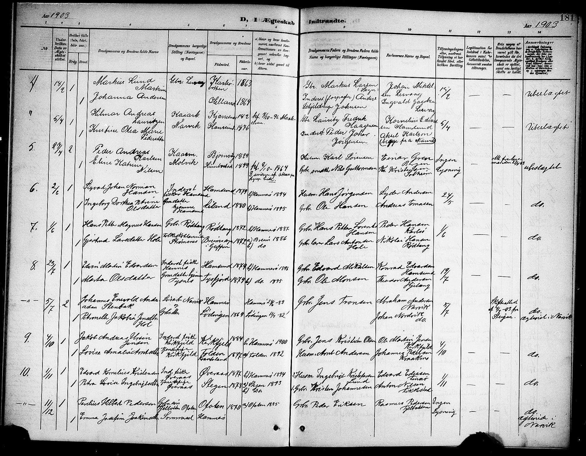 Ministerialprotokoller, klokkerbøker og fødselsregistre - Nordland, AV/SAT-A-1459/859/L0860: Klokkerbok nr. 859C06, 1899-1909, s. 181