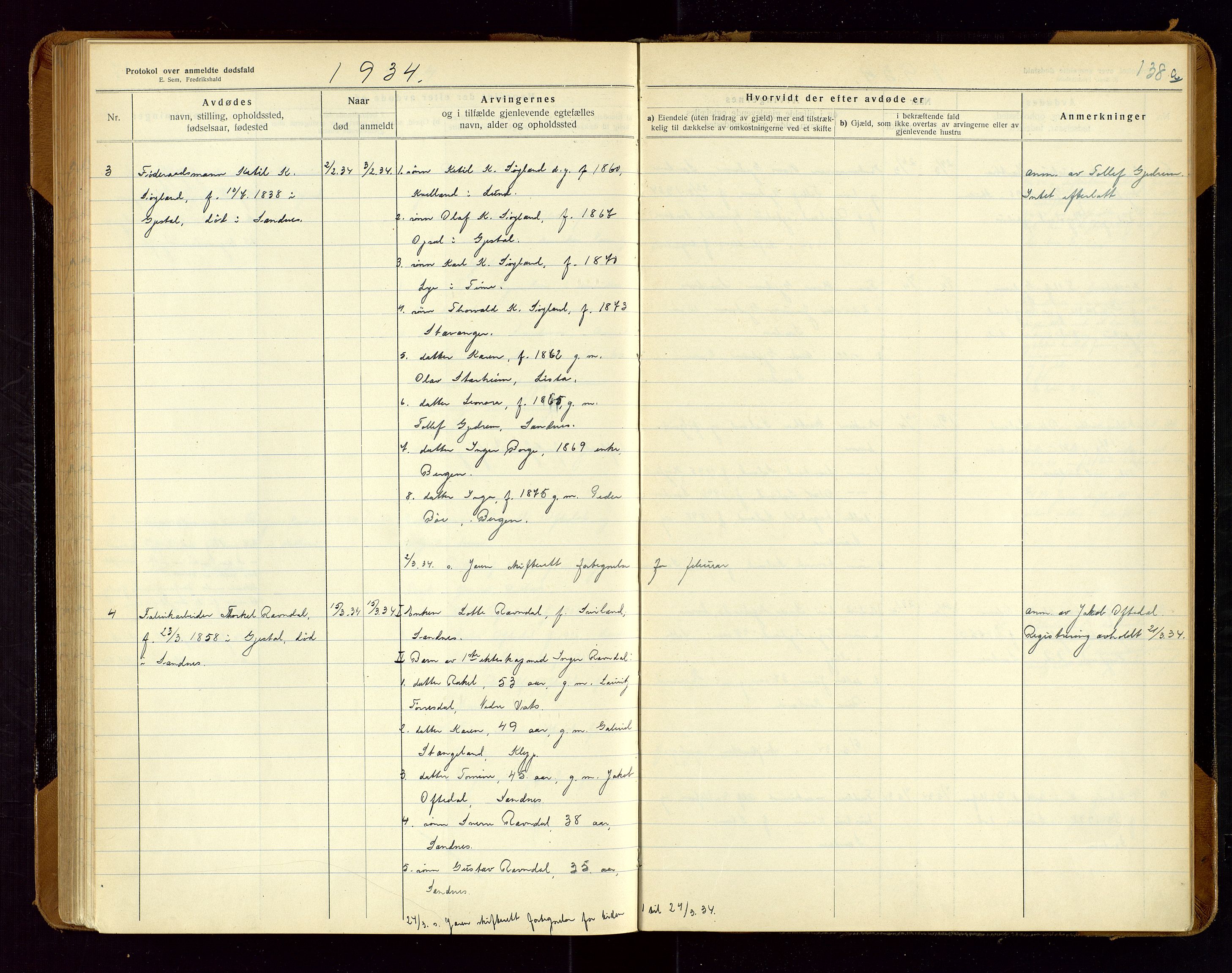 Sandnes lensmannskontor, AV/SAST-A-100167/Gga/L0001: "Protokol over anmeldte dødsfald" m/register, 1918-1940, s. 138