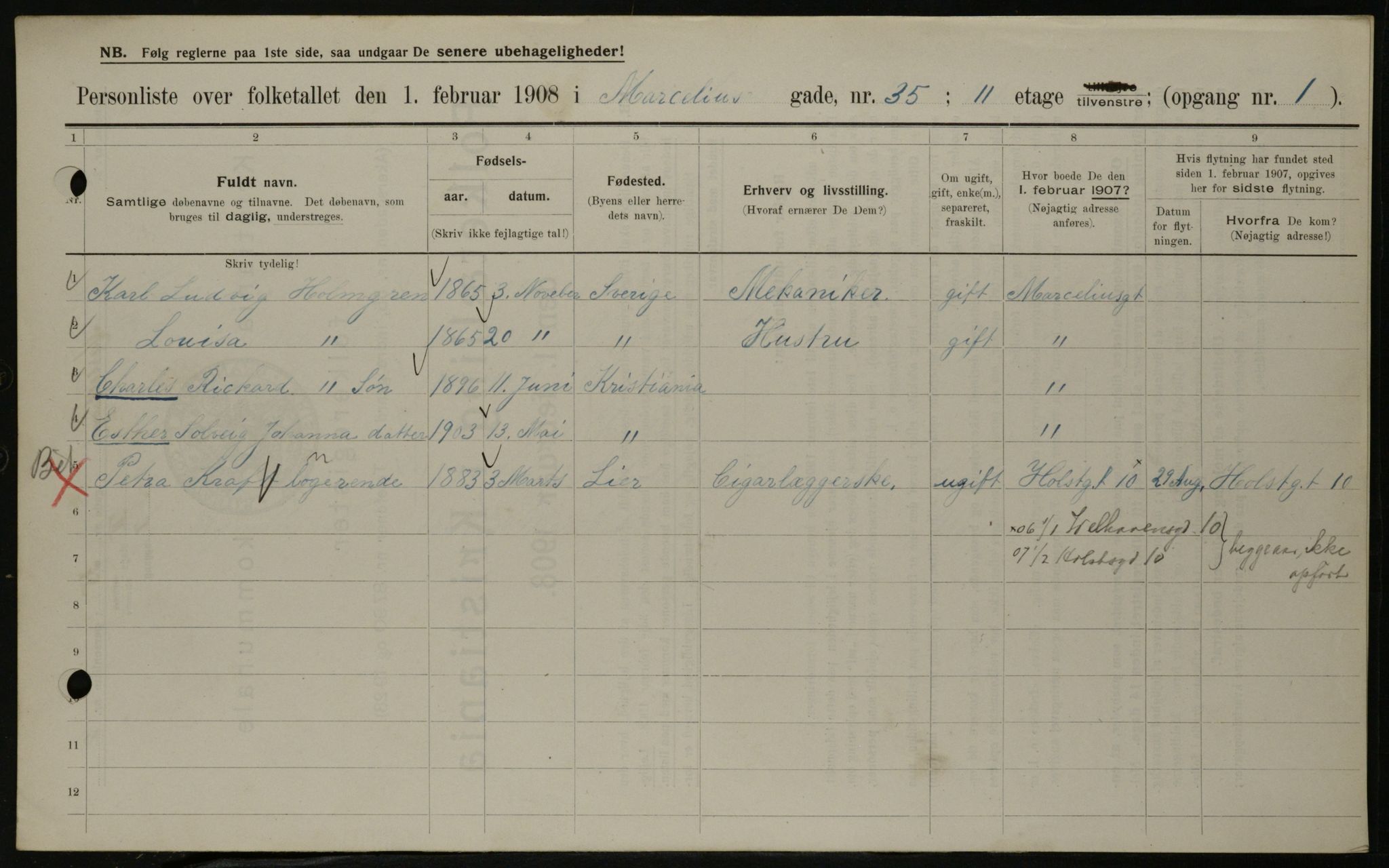 OBA, Kommunal folketelling 1.2.1908 for Kristiania kjøpstad, 1908, s. 58000