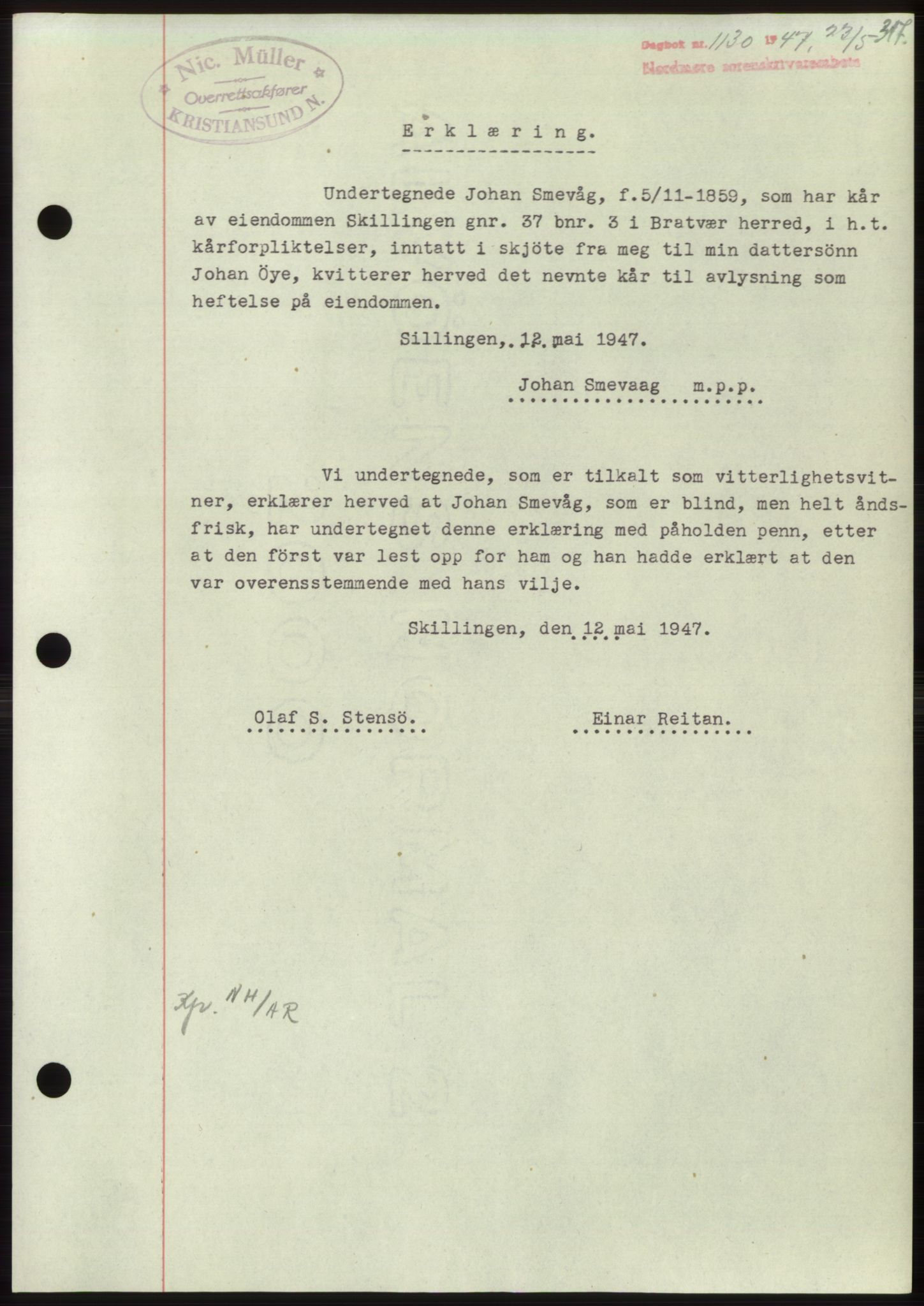 Nordmøre sorenskriveri, SAT/A-4132/1/2/2Ca: Pantebok nr. B96, 1947-1947, Dagboknr: 1130/1947
