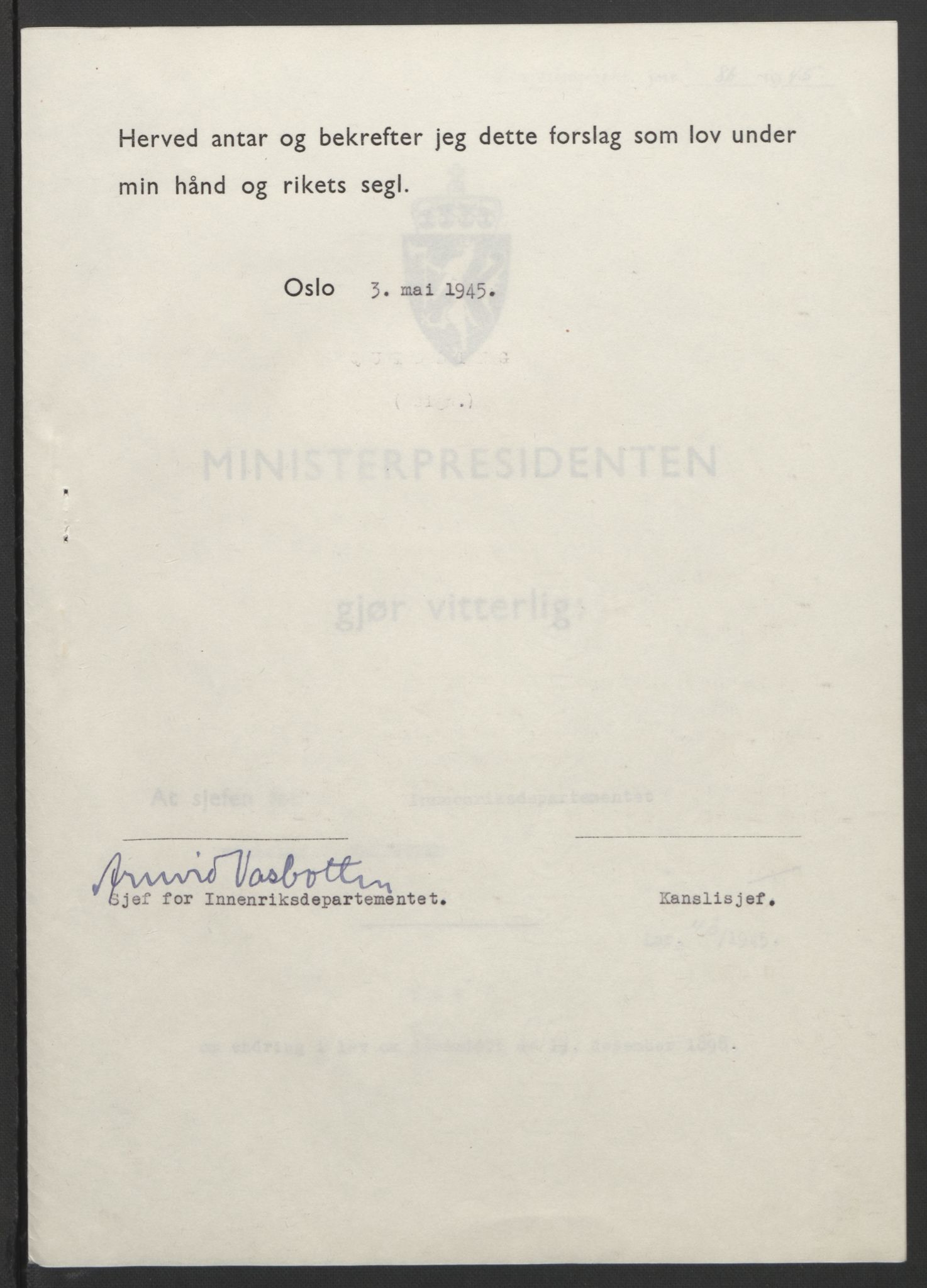 NS-administrasjonen 1940-1945 (Statsrådsekretariatet, de kommisariske statsråder mm), RA/S-4279/D/Db/L0101/0001: -- / Lover og vedtak, 1945, s. 177