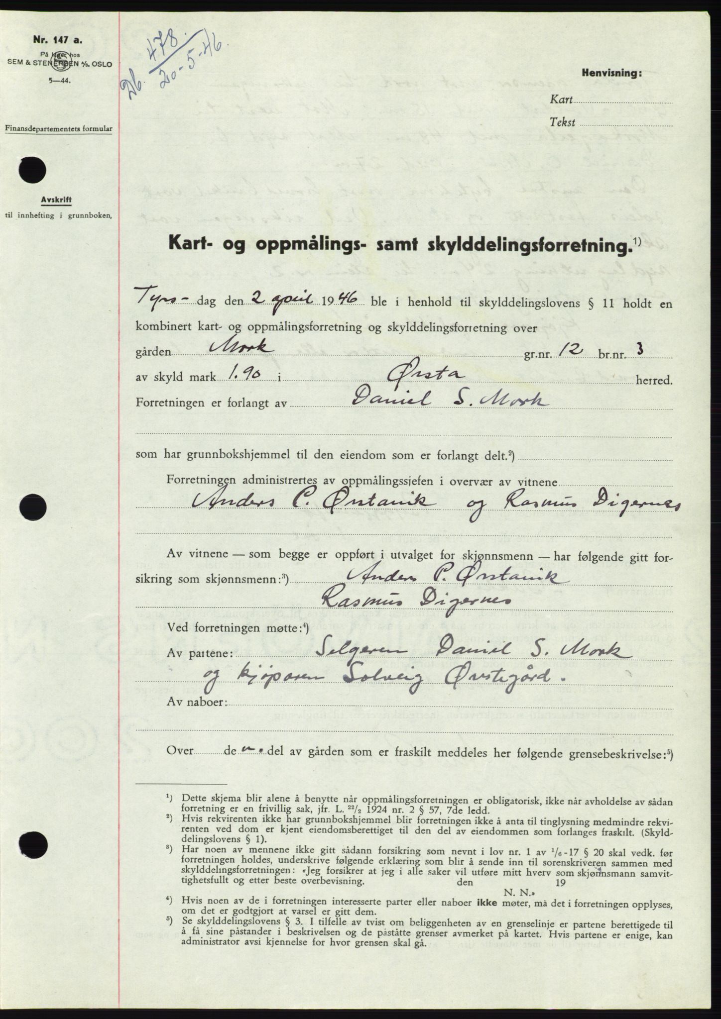 Søre Sunnmøre sorenskriveri, SAT/A-4122/1/2/2C/L0078: Pantebok nr. 4A, 1946-1946, Dagboknr: 478/1946
