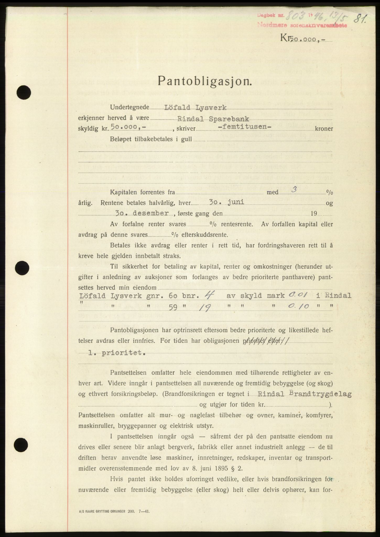 Nordmøre sorenskriveri, AV/SAT-A-4132/1/2/2Ca: Pantebok nr. B94, 1946-1946, Dagboknr: 803/1946