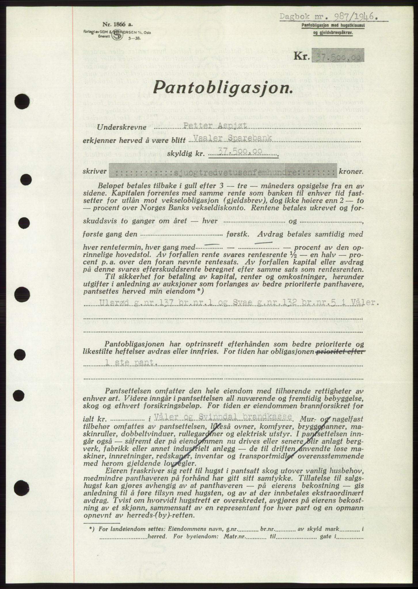 Moss sorenskriveri, SAO/A-10168: Pantebok nr. B15, 1946-1946, Dagboknr: 987/1946