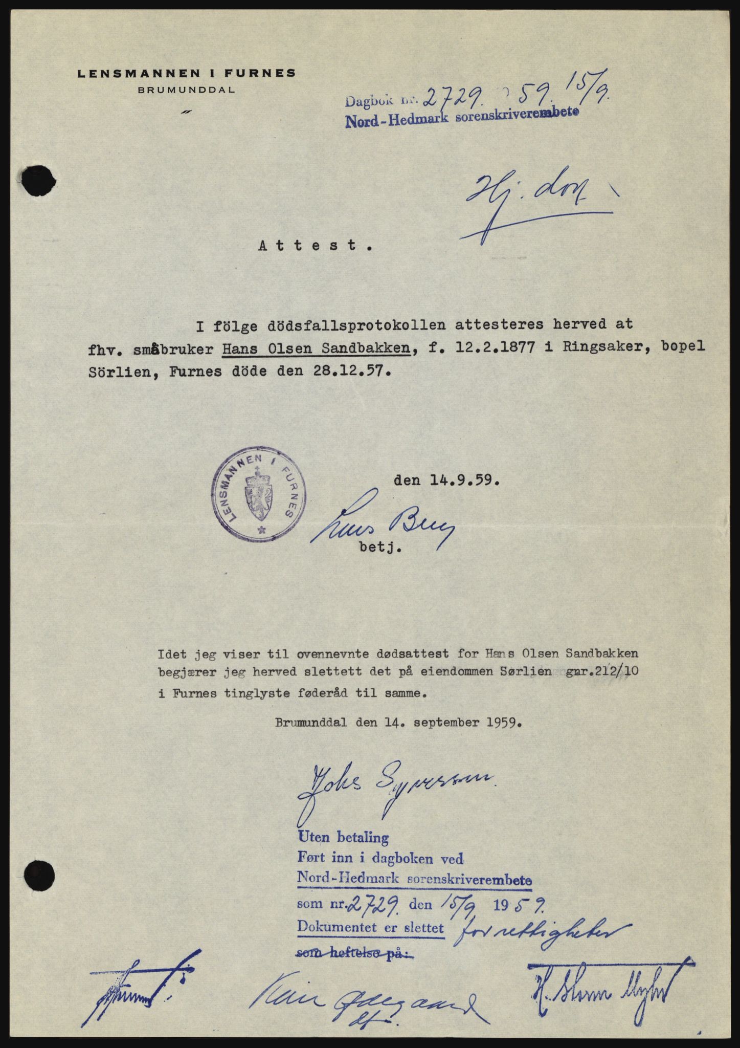 Nord-Hedmark sorenskriveri, SAH/TING-012/H/Hc/L0013: Pantebok nr. 13, 1959-1960, Dagboknr: 2729/1959