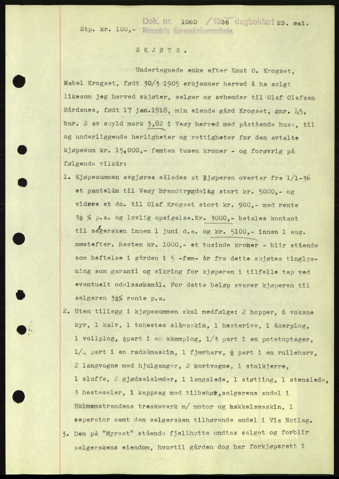 Romsdal sorenskriveri, SAT/A-4149/1/2/2C: Pantebok nr. A1, 1936-1936, Dagboknr: 1060/1936