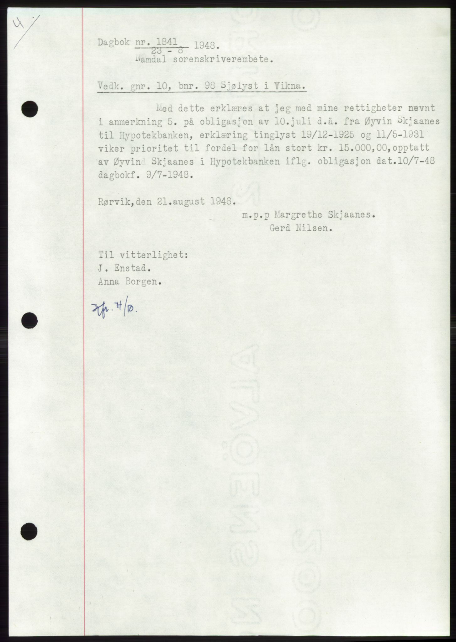 Namdal sorenskriveri, SAT/A-4133/1/2/2C: Pantebok nr. -, 1948-1948, Dagboknr: 1841/1948