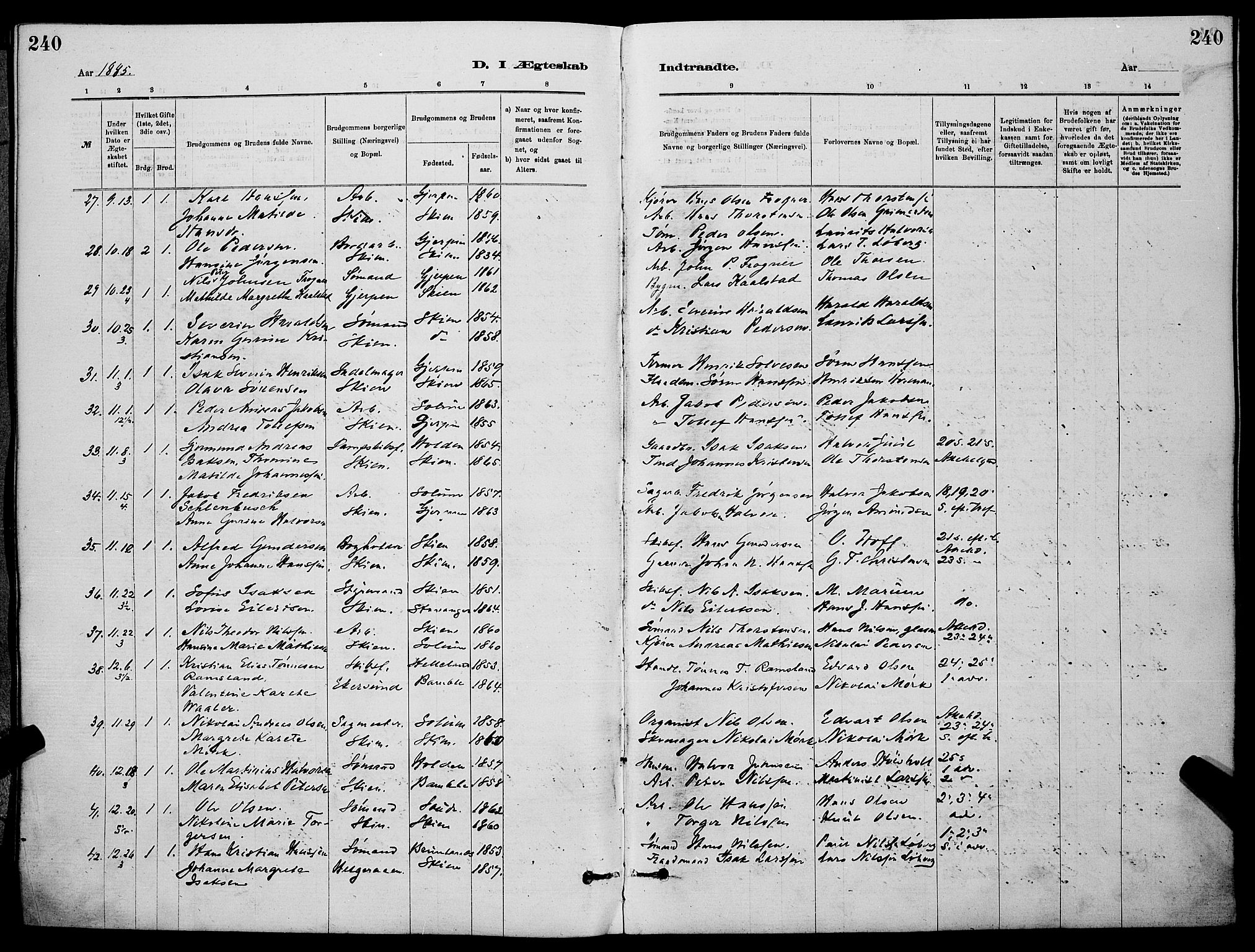 Skien kirkebøker, AV/SAKO-A-302/G/Ga/L0006: Klokkerbok nr. 6, 1881-1890, s. 240