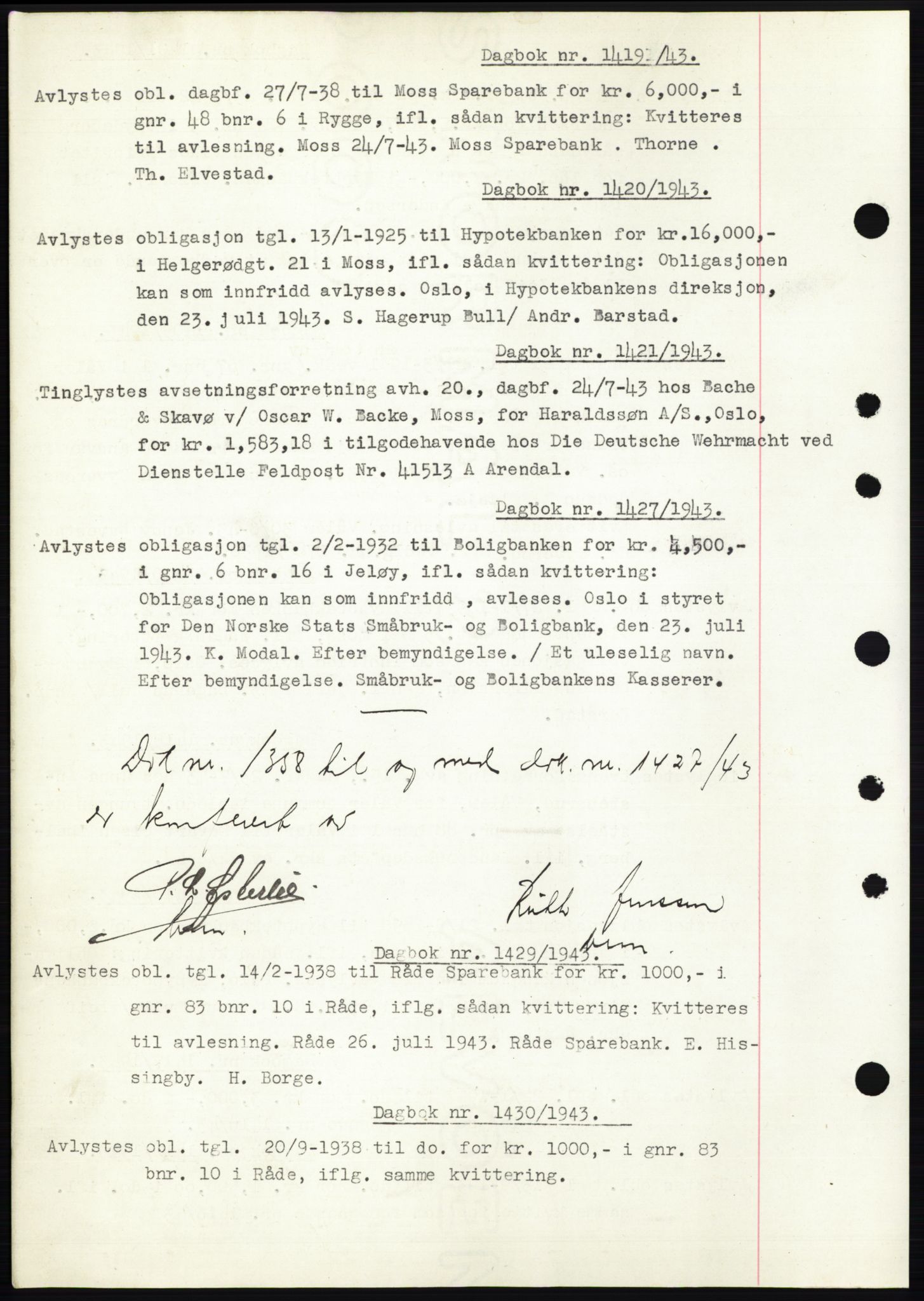 Moss sorenskriveri, SAO/A-10168: Pantebok nr. C10, 1938-1950, Dagboknr: 1419/1943