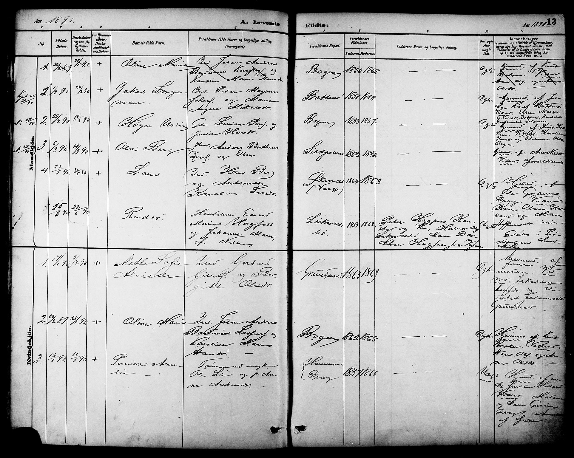 Ministerialprotokoller, klokkerbøker og fødselsregistre - Nordland, SAT/A-1459/861/L0869: Ministerialbok nr. 861A04, 1889-1903, s. 13