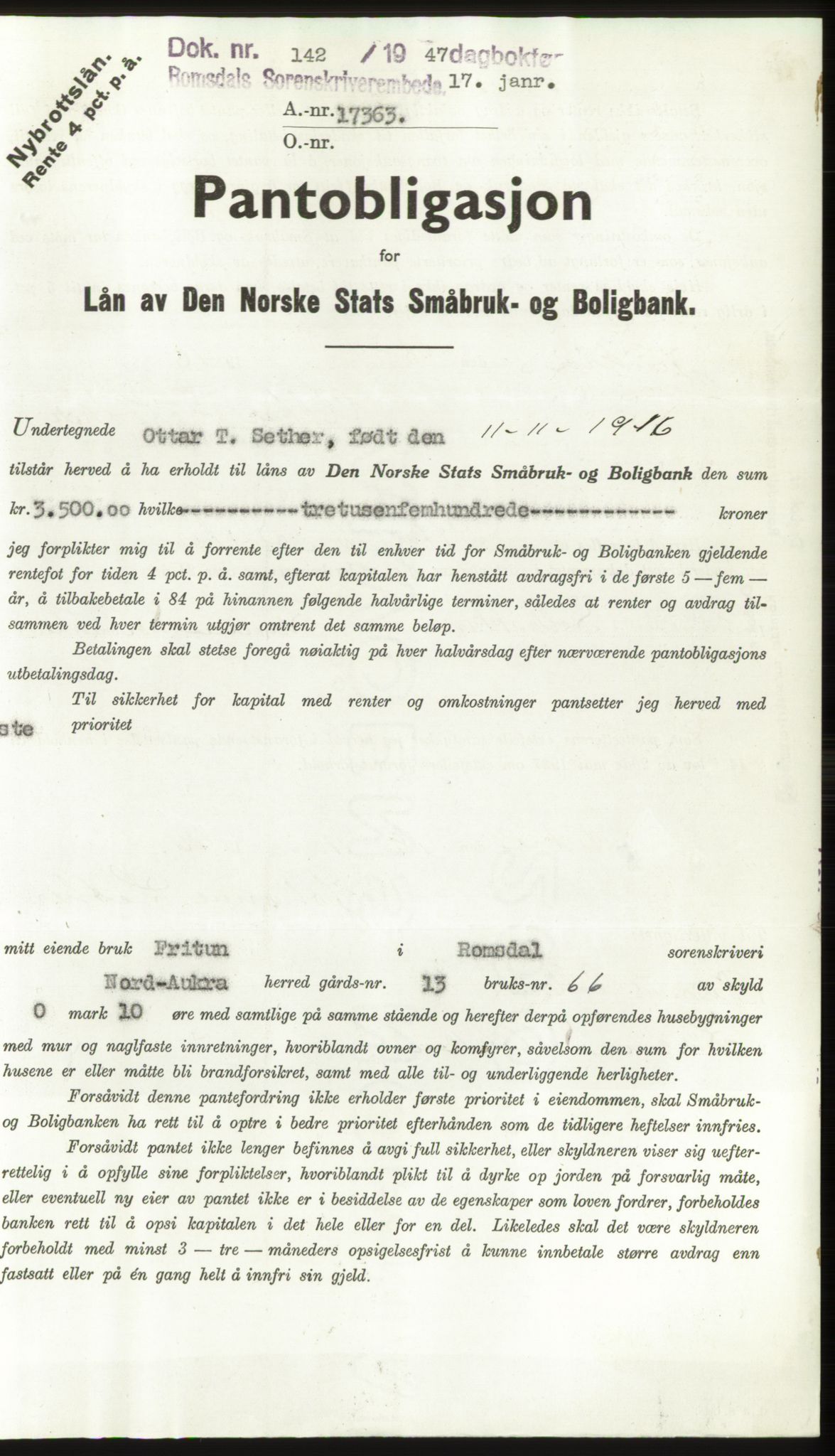 Romsdal sorenskriveri, SAT/A-4149/1/2/2C: Pantebok nr. B3, 1946-1948, Dagboknr: 142/1947