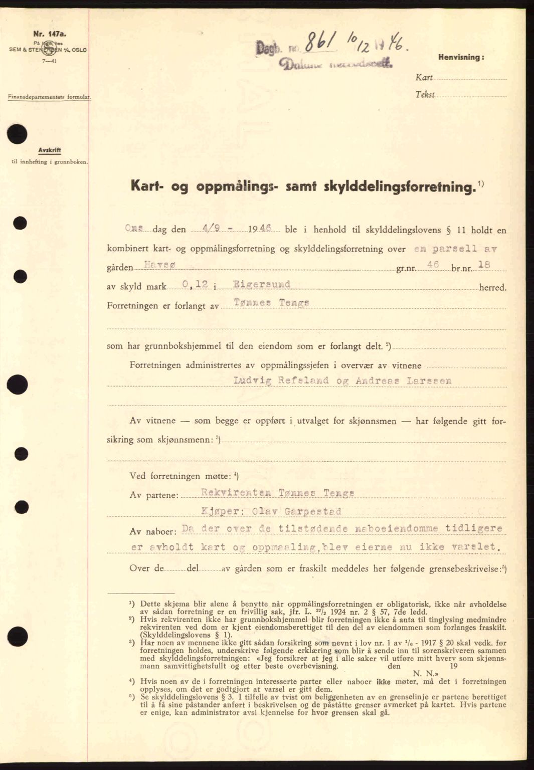 Dalane sorenskriveri, SAST/A-100309/02/G/Gb/L0049: Pantebok nr. A9, 1946-1947, Dagboknr: 861/1946