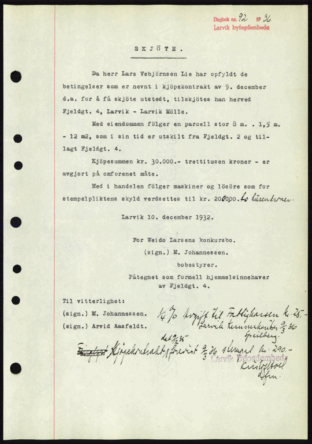 Larvik sorenskriveri, SAKO/A-83/G/Ga/Gab/L0067: Pantebok nr. A-1, 1936-1937, Dagboknr: 92/1936