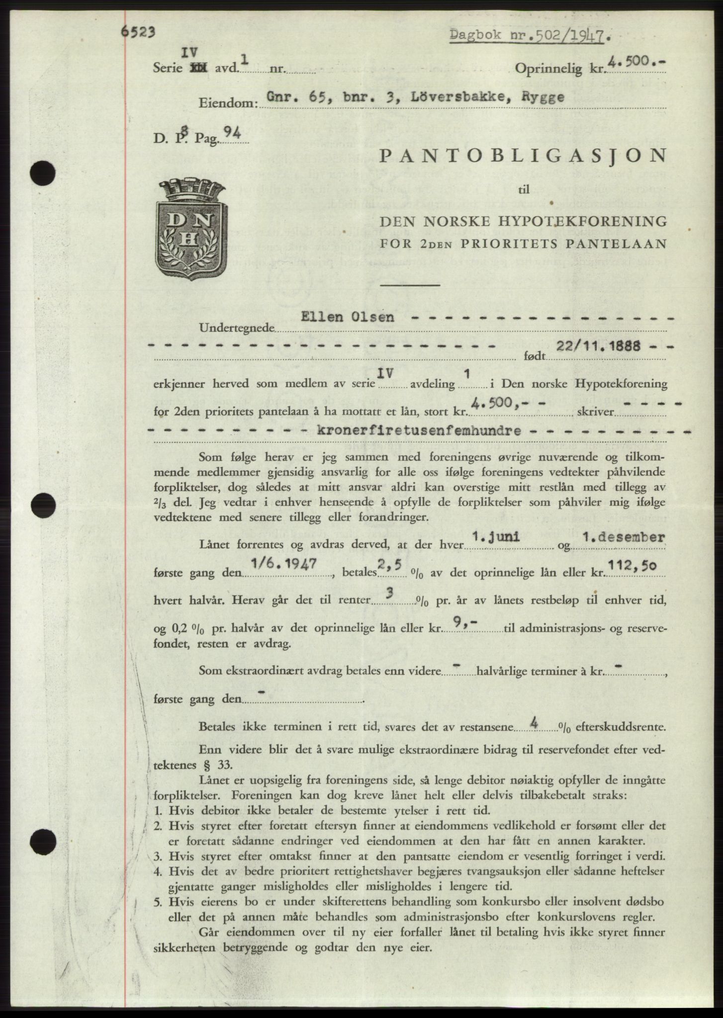 Moss sorenskriveri, SAO/A-10168: Pantebok nr. B16, 1946-1947, Dagboknr: 502/1947