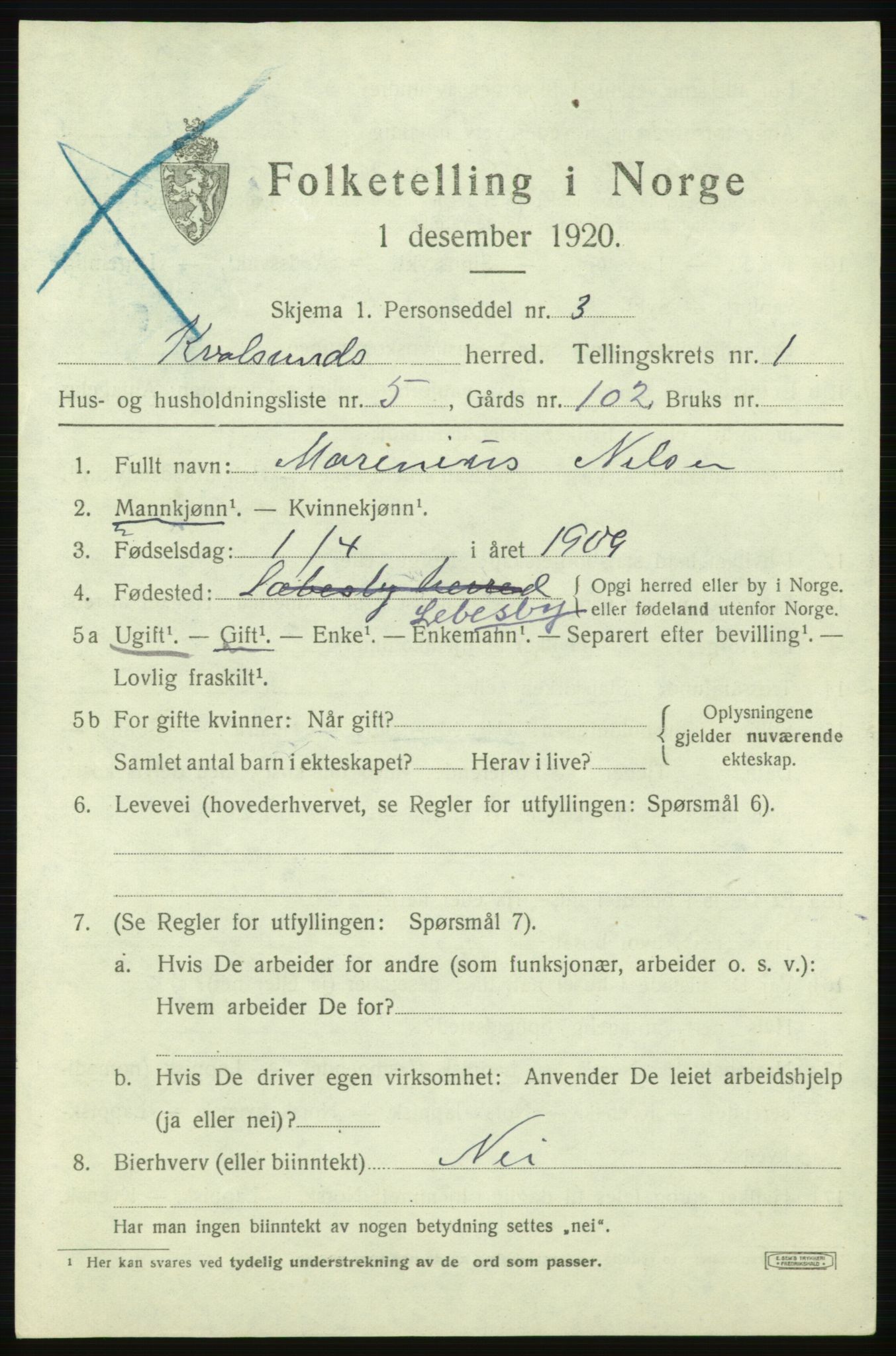 SATØ, Folketelling 1920 for 2017 Kvalsund herred, 1920, s. 506