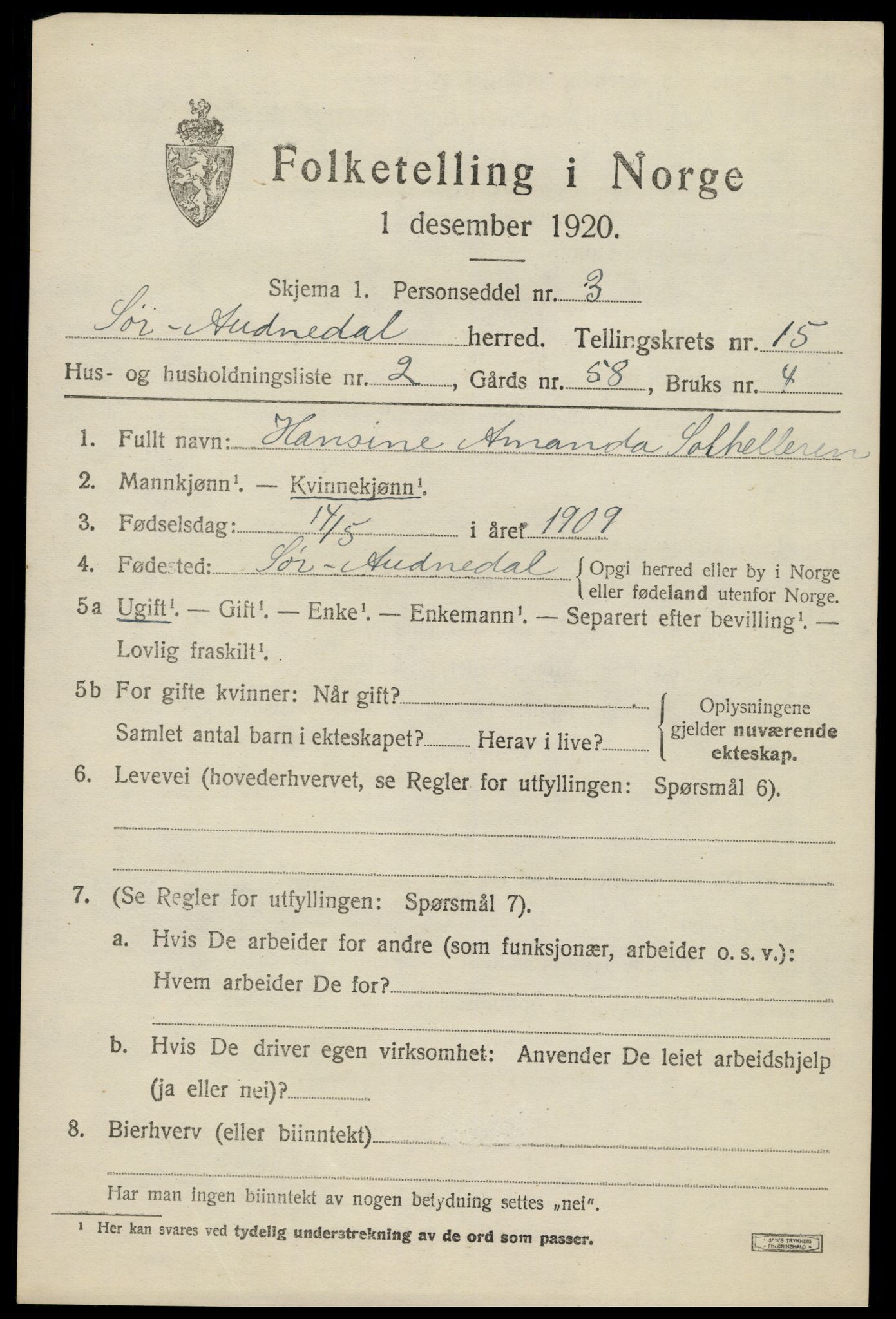 SAK, Folketelling 1920 for 1029 Sør-Audnedal herred, 1920, s. 5733
