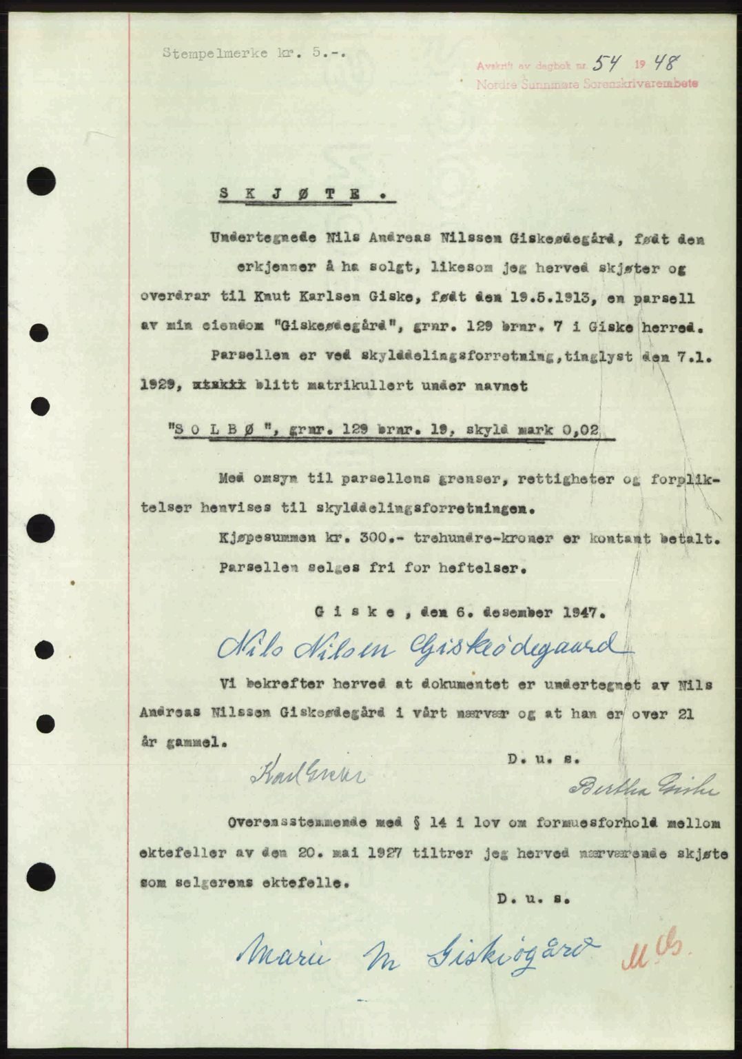 Nordre Sunnmøre sorenskriveri, AV/SAT-A-0006/1/2/2C/2Ca: Pantebok nr. A26, 1947-1948, Dagboknr: 54/1948