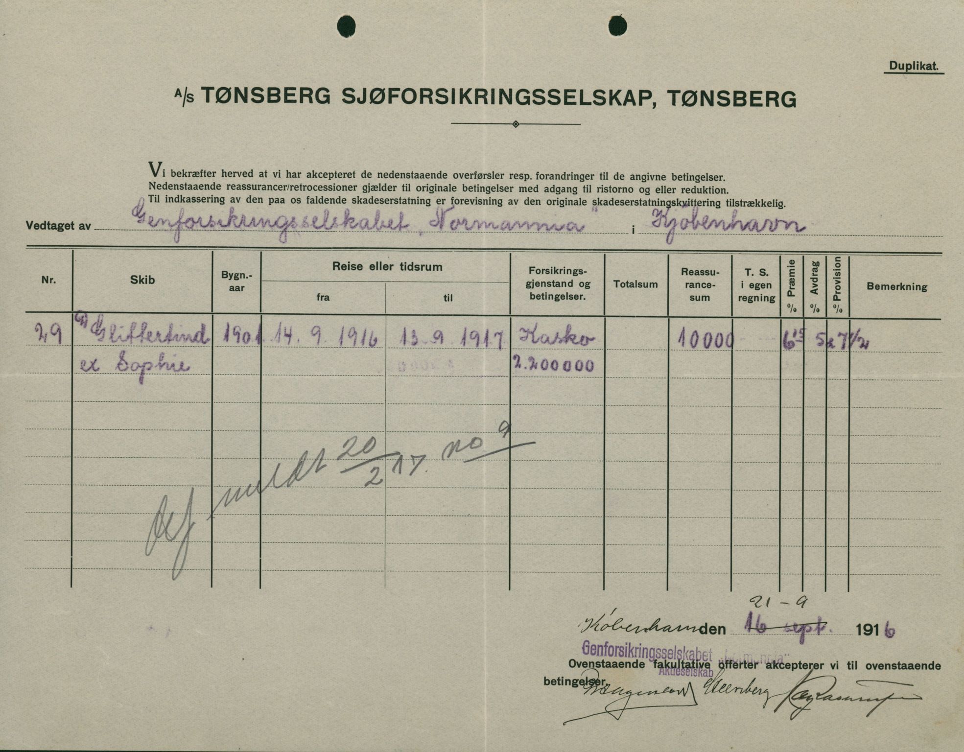 Pa 664 - Tønsberg Sjøforsikringsselskap, VEMU/A-1773/F/L0001: Forsikringspoliser, 1915-1918