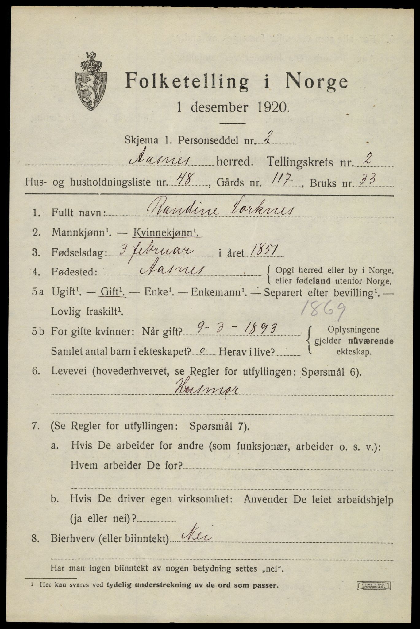 SAH, Folketelling 1920 for 0425 Åsnes herred, 1920, s. 3398