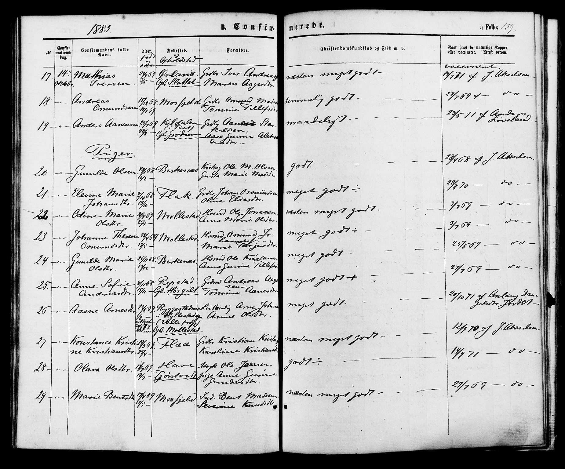 Birkenes sokneprestkontor, AV/SAK-1111-0004/F/Fa/L0004: Ministerialbok nr. A 4, 1867-1886, s. 139