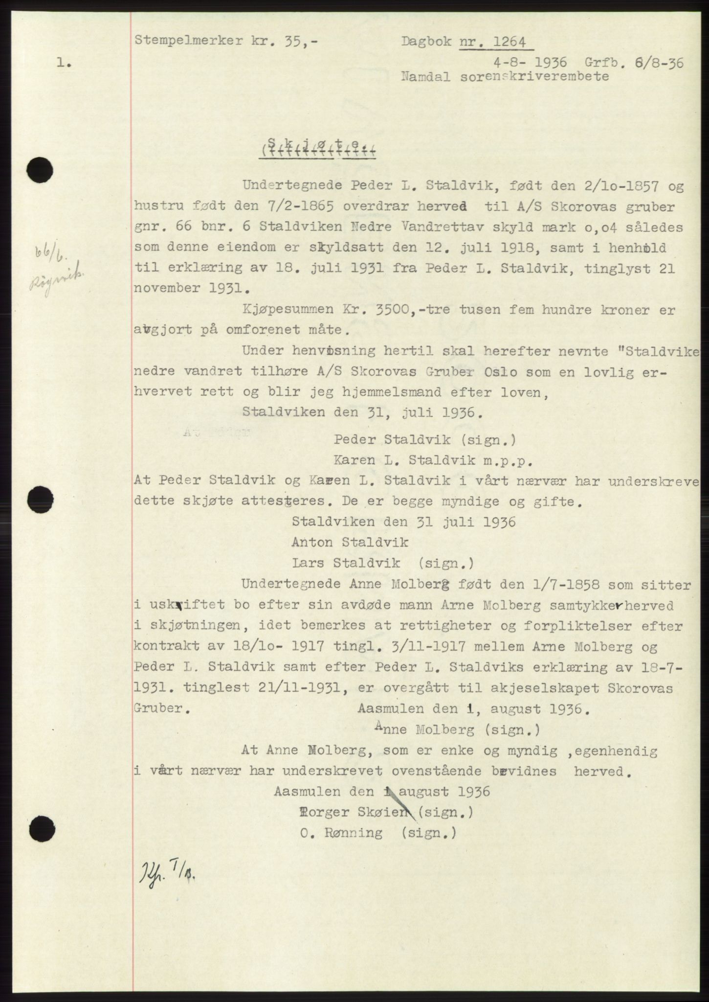 Namdal sorenskriveri, AV/SAT-A-4133/1/2/2C: Pantebok nr. -, 1935-1936, Tingl.dato: 04.08.1936