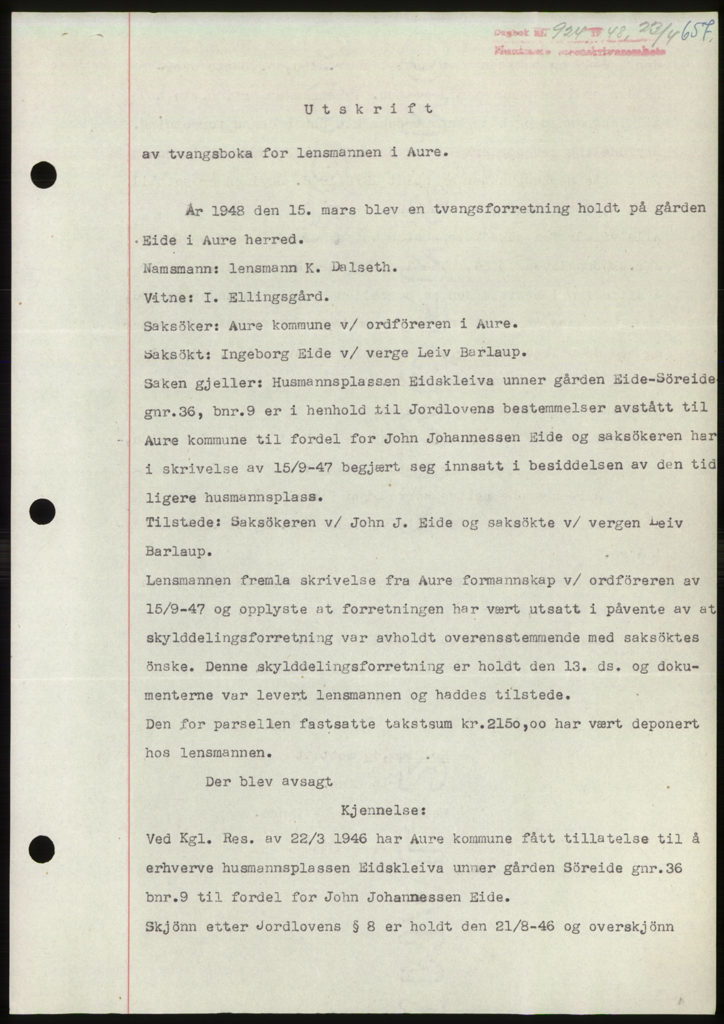 Nordmøre sorenskriveri, SAT/A-4132/1/2/2Ca: Pantebok nr. B98, 1948-1948, Dagboknr: 924/1948