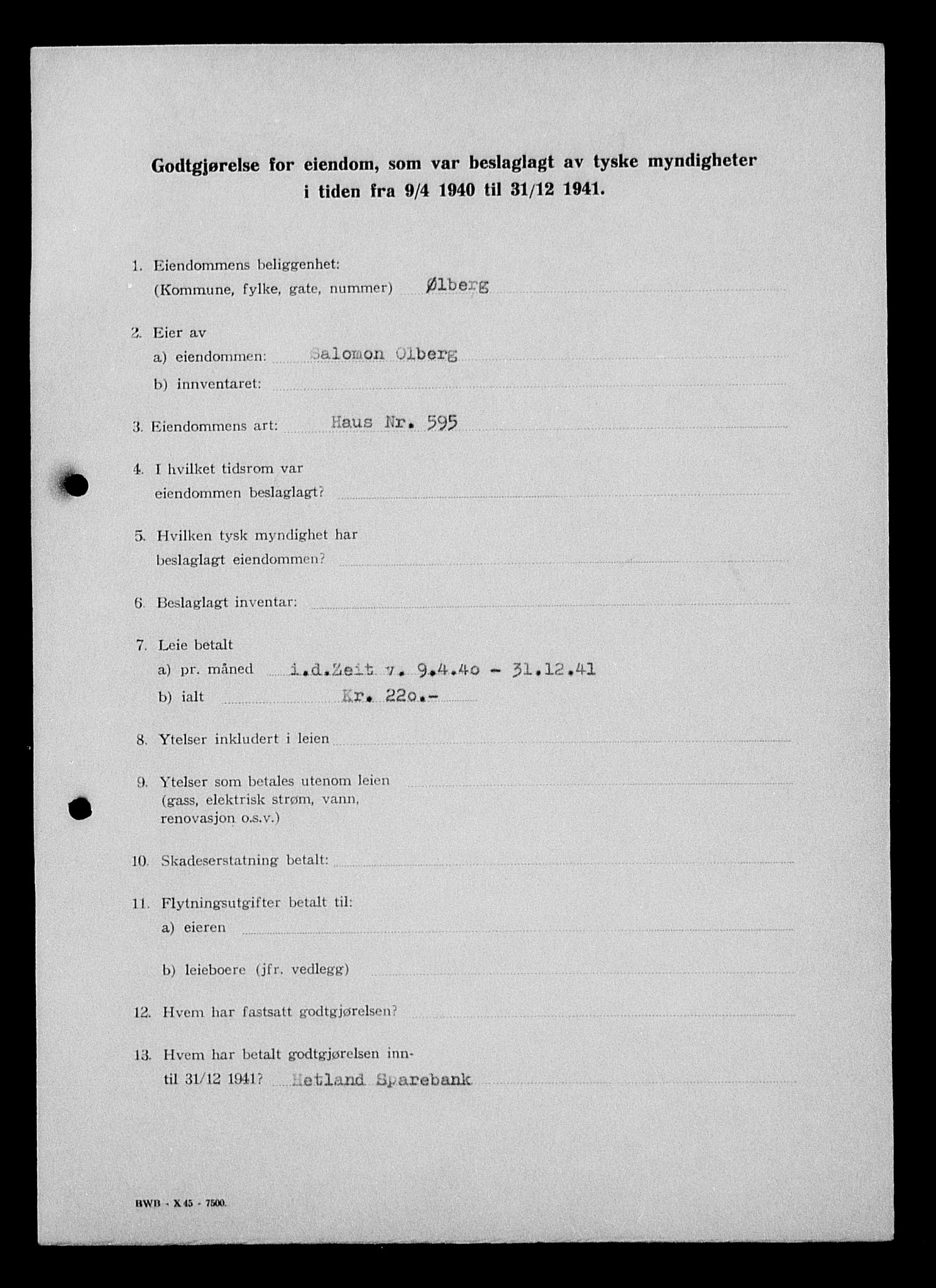Justisdepartementet, Tilbakeføringskontoret for inndratte formuer, AV/RA-S-1564/I/L1015: Godtgjørelse for beslaglagt eiendom, 1940-1941, s. 39