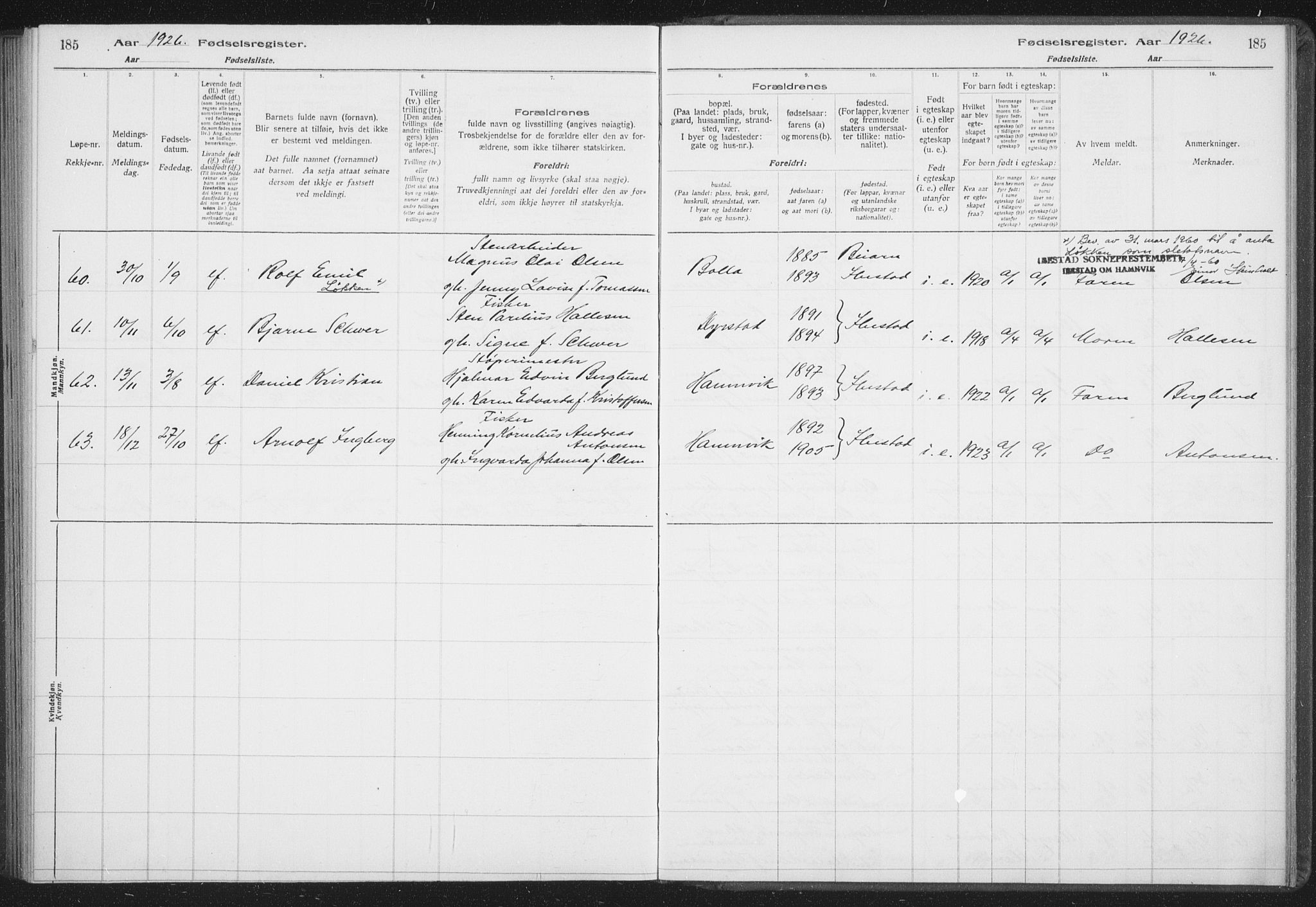 Ibestad sokneprestembete, AV/SATØ-S-0077/I/Ic/L0061: Fødselsregister nr. 61, 1917-1929, s. 185