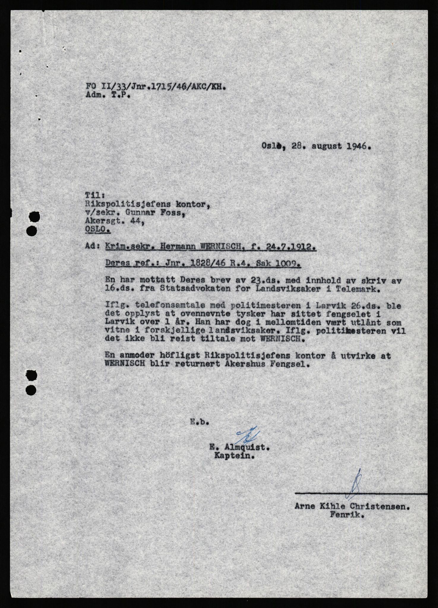 Forsvaret, Forsvarets overkommando II, AV/RA-RAFA-3915/D/Db/L0040: CI Questionaires. Tyske okkupasjonsstyrker i Norge. Østerrikere., 1945-1946, s. 410