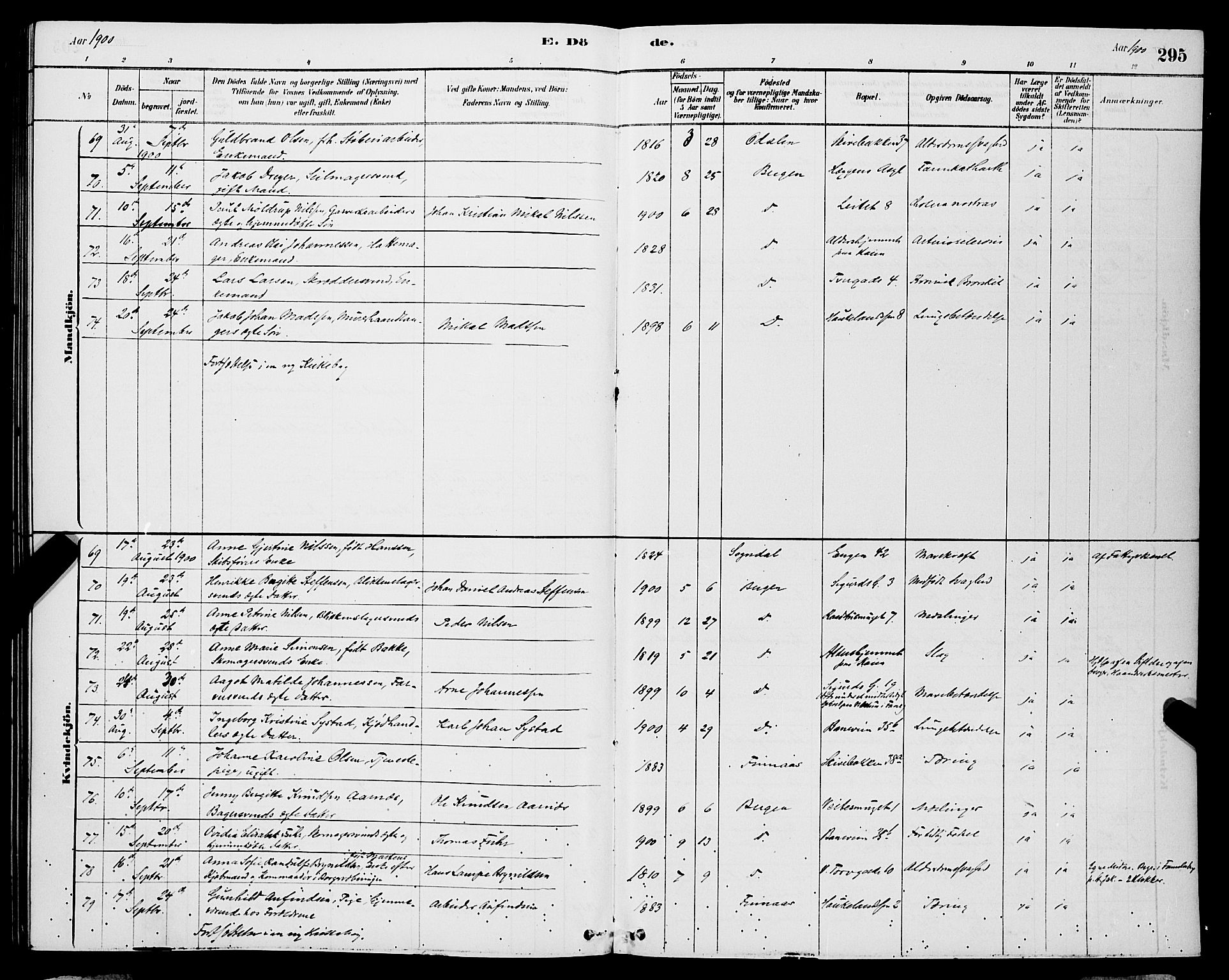 Domkirken sokneprestembete, SAB/A-74801/H/Hab/L0041: Klokkerbok nr. E 5, 1878-1900, s. 295