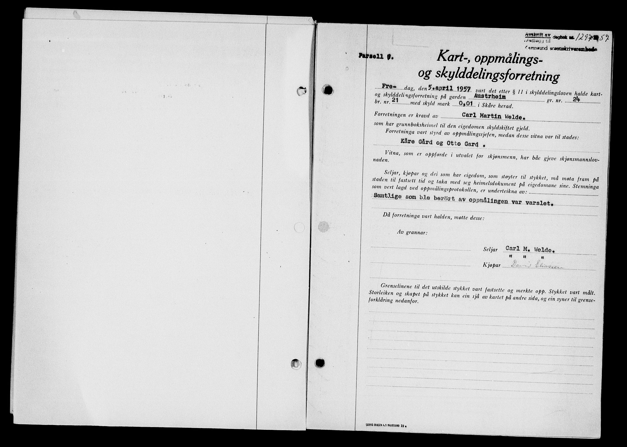 Karmsund sorenskriveri, SAST/A-100311/01/II/IIB/L0124: Pantebok nr. 104A, 1957-1957, Dagboknr: 1297/1957