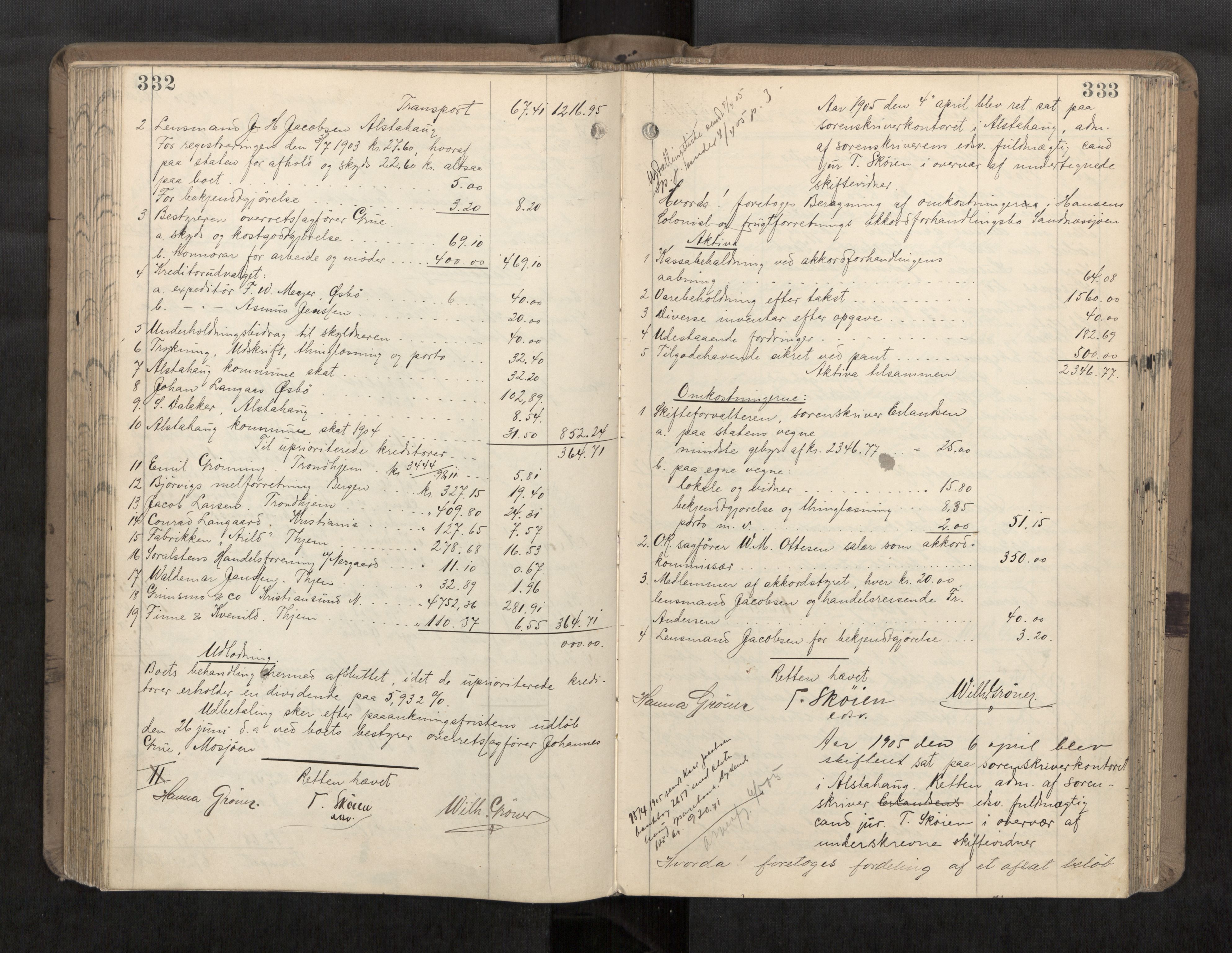 Søndre Helgeland sorenskriveri, AV/SAT-A-4575/1/3/3A/L0007: Skifteutlodningsprot., 1902-1907, s. 332-333