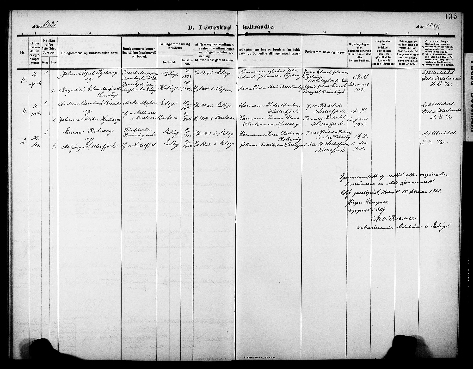 Ministerialprotokoller, klokkerbøker og fødselsregistre - Møre og Romsdal, AV/SAT-A-1454/581/L0943: Klokkerbok nr. 581C01, 1909-1931, s. 133