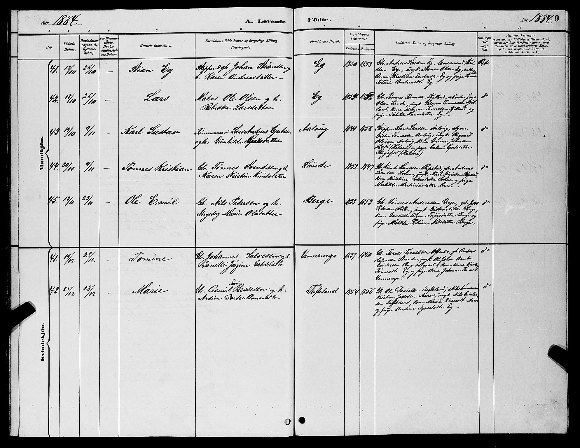 Søgne sokneprestkontor, SAK/1111-0037/F/Fb/Fbb/L0005: Klokkerbok nr. B 5, 1884-1891, s. 9