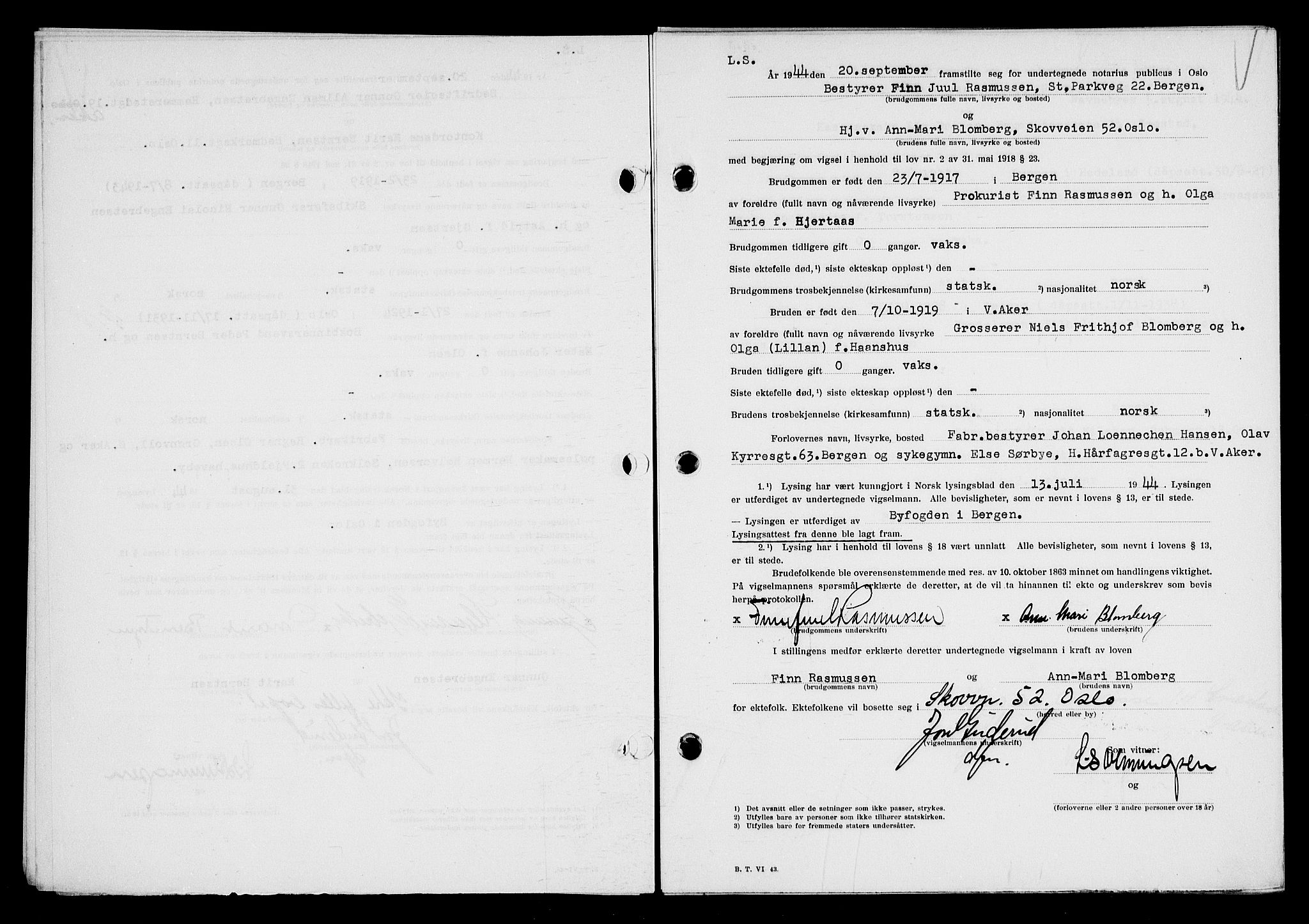 Oslo byfogd avd. I, AV/SAO-A-10220/L/Lb/Lbb/L0051: Notarialprotokoll, rekke II: Vigsler, 1944