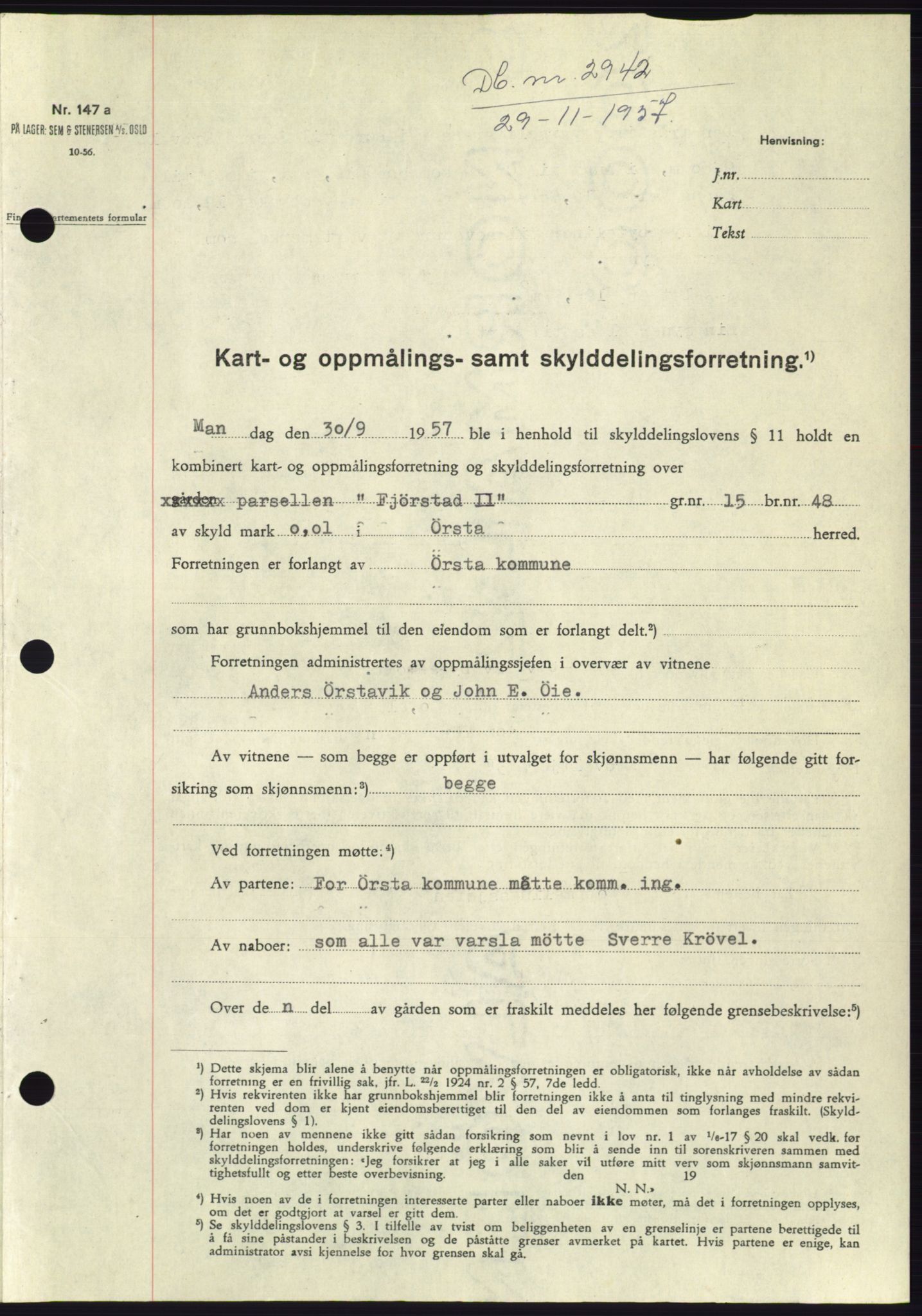 Søre Sunnmøre sorenskriveri, SAT/A-4122/1/2/2C/L0108: Pantebok nr. 34A, 1957-1958, Dagboknr: 2942/1957