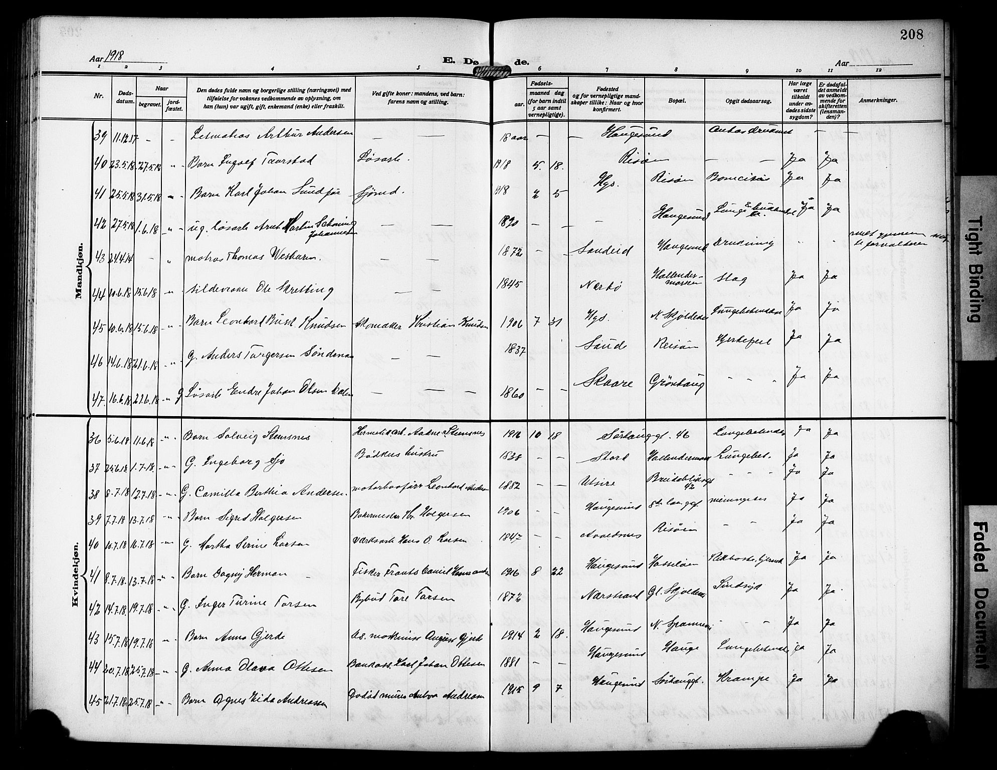 Haugesund sokneprestkontor, AV/SAST-A -101863/H/Ha/Hab/L0008: Klokkerbok nr. B 8, 1909-1921, s. 208