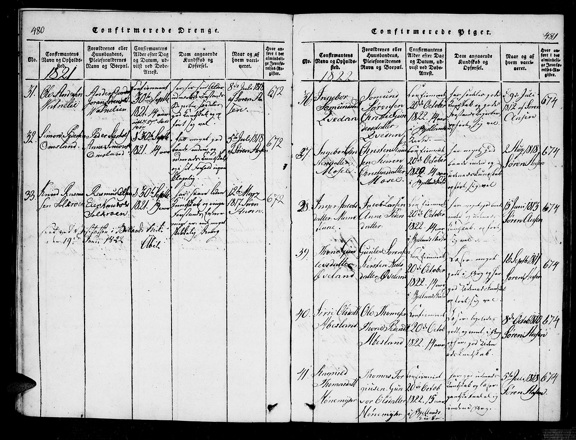 Bjelland sokneprestkontor, SAK/1111-0005/F/Fa/Fab/L0002: Ministerialbok nr. A 2, 1816-1869, s. 480-481
