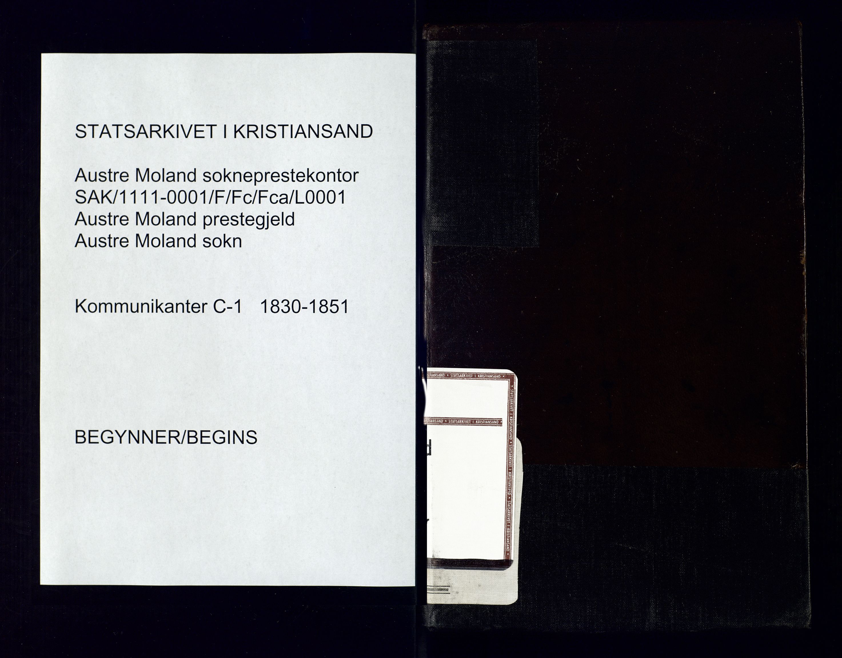 Austre Moland sokneprestkontor, SAK/1111-0001/F/Fc/Fca/L0001: Kommunikantprotokoll nr. C-1, 1830-1851