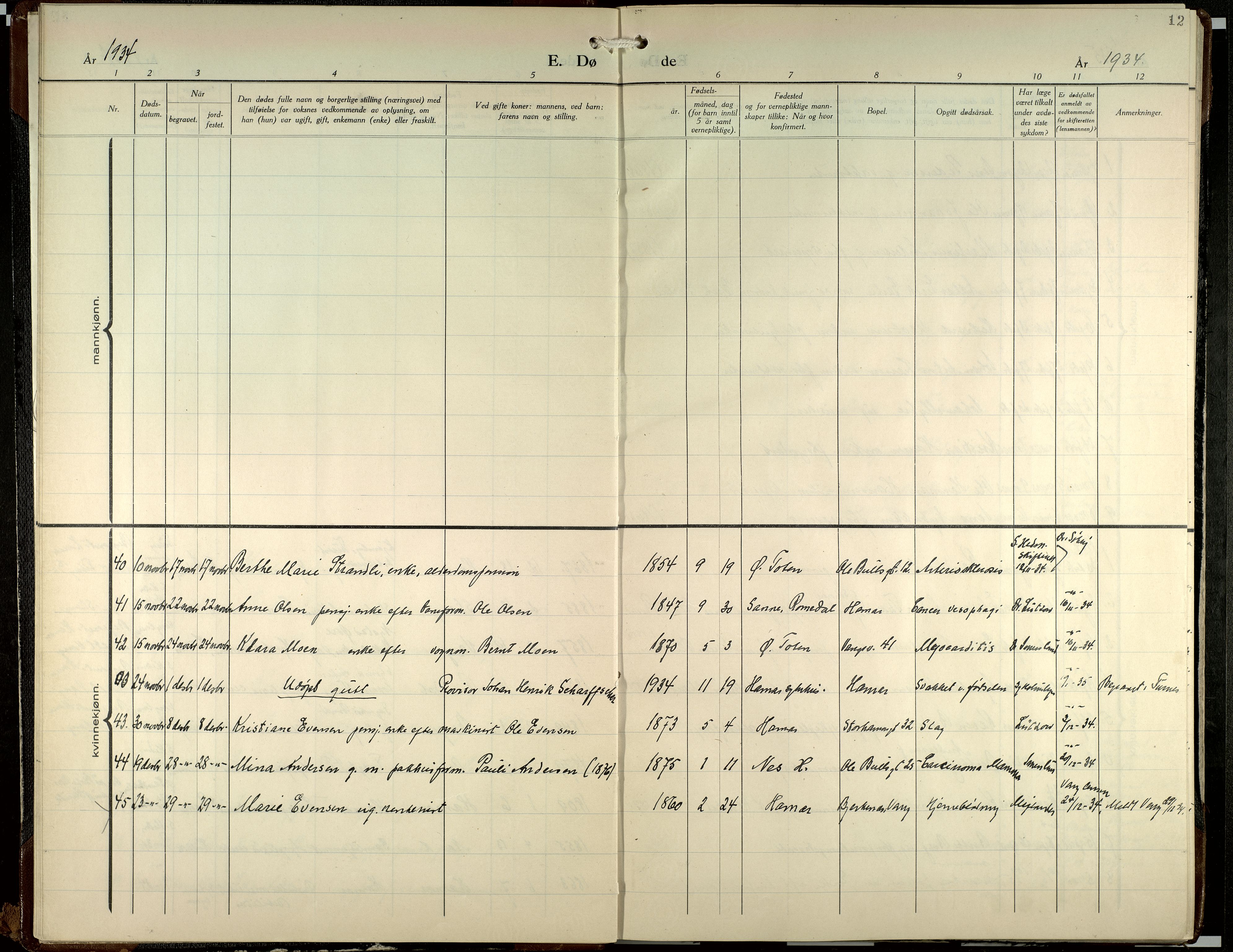 Hamar prestekontor, SAH/DOMPH-002/H/Ha/Haa/L0007: Ministerialbok nr. 7, 1933-1953, s. 12