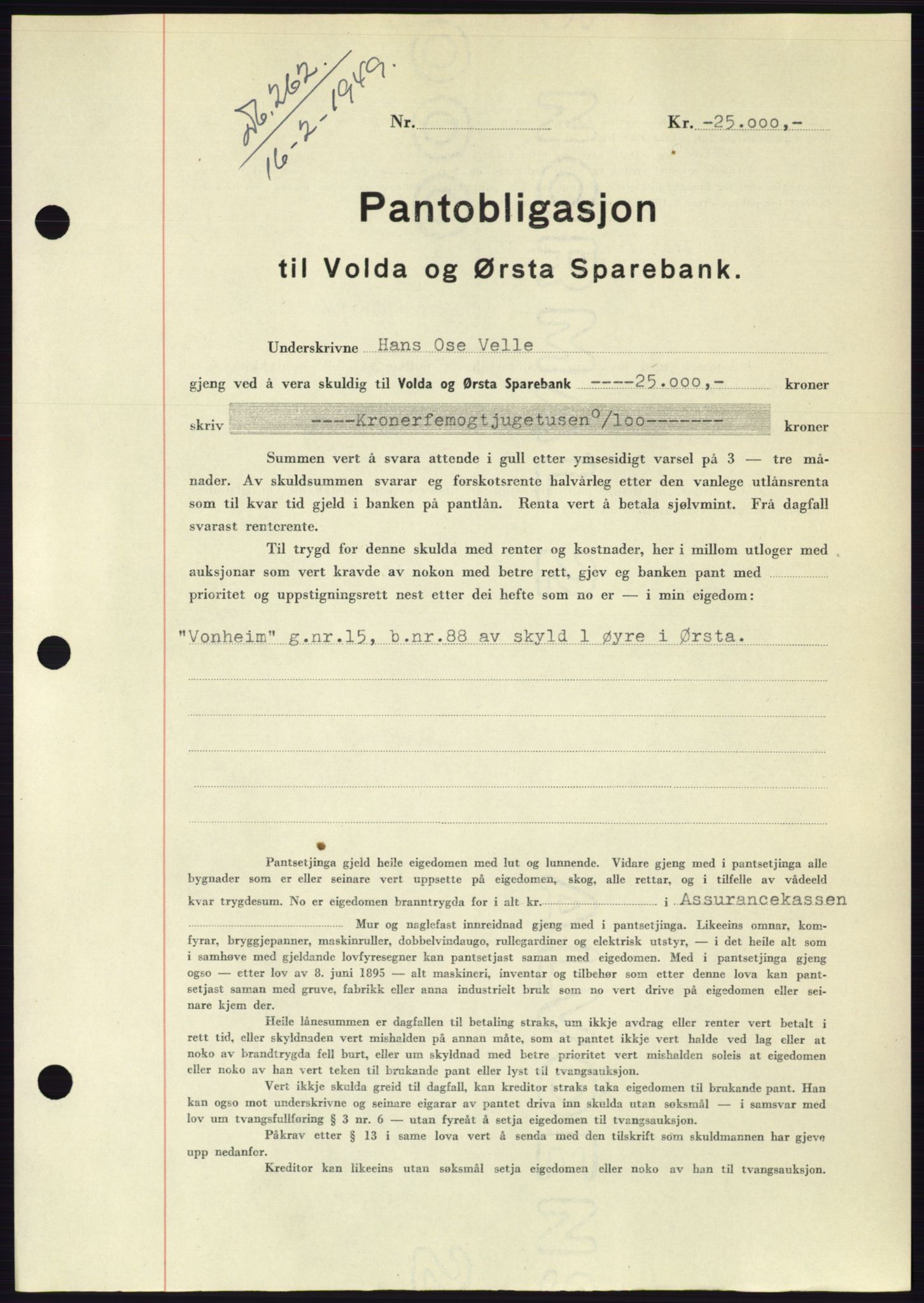 Søre Sunnmøre sorenskriveri, AV/SAT-A-4122/1/2/2C/L0116: Pantebok nr. 4B, 1948-1949, Dagboknr: 262/1949