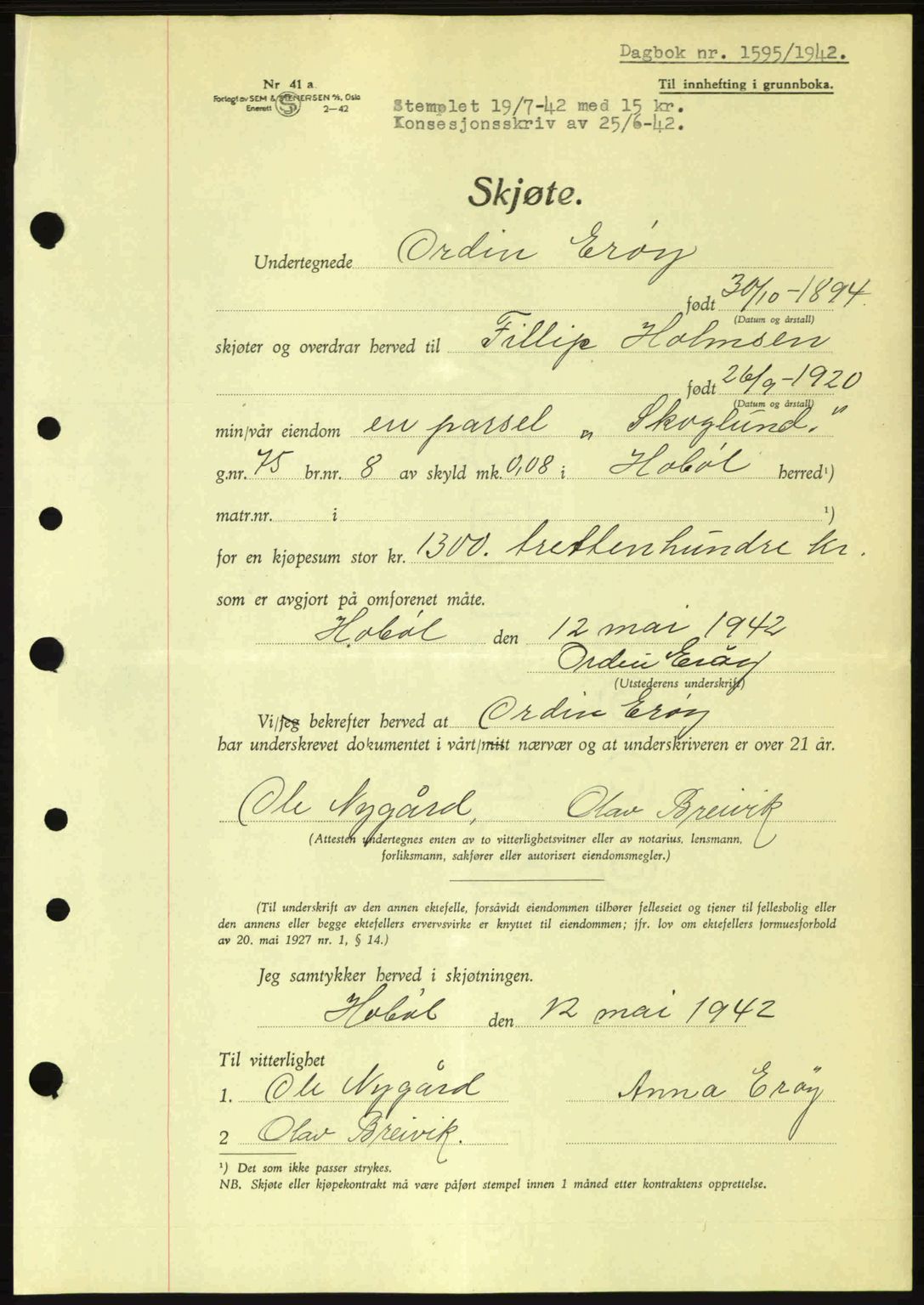 Moss sorenskriveri, SAO/A-10168: Pantebok nr. A10, 1942-1943, Dagboknr: 1595/1942