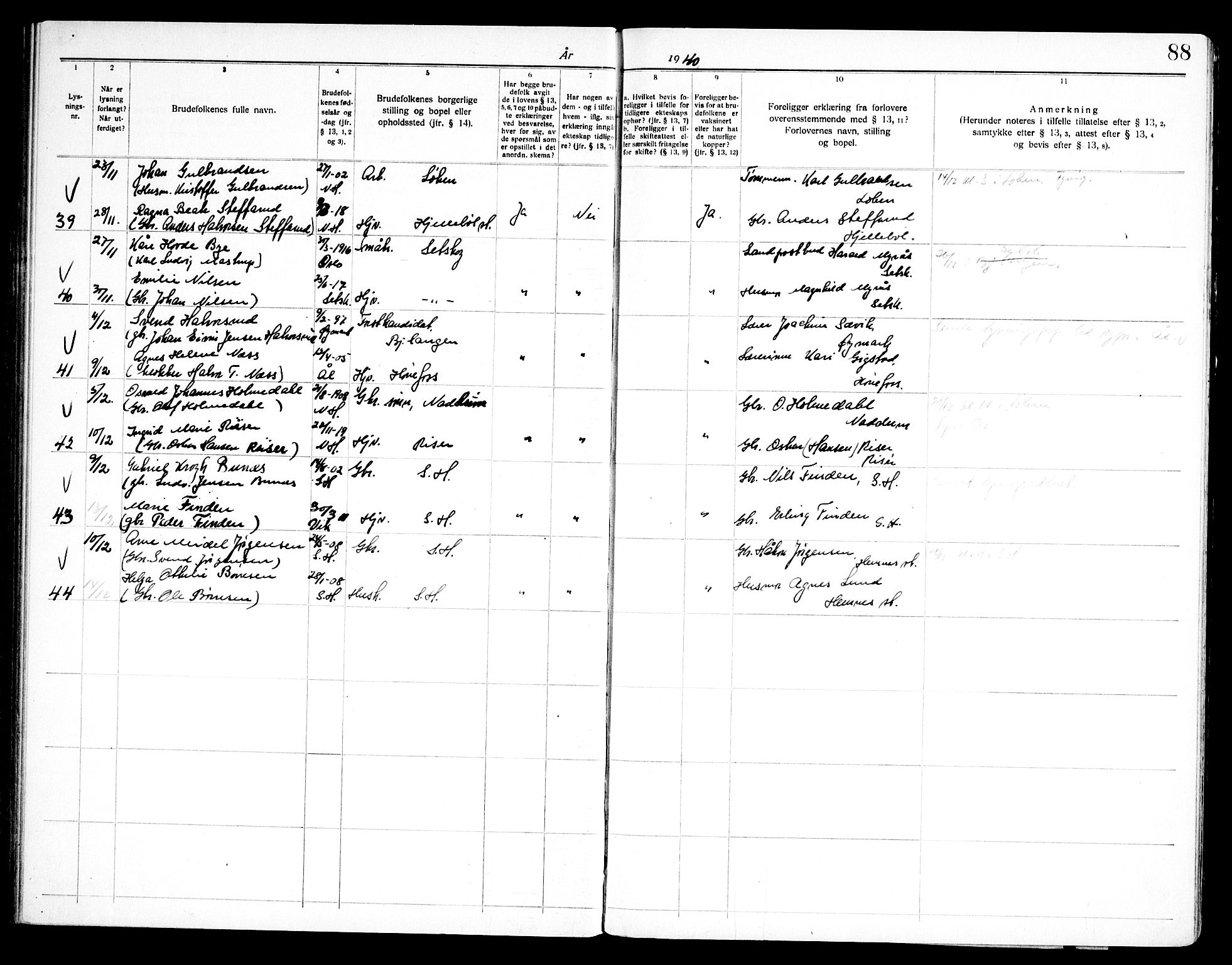 Høland prestekontor Kirkebøker, AV/SAO-A-10346a/H/Ha/L0001: Lysningsprotokoll nr. I 1, 1919-1947, s. 88