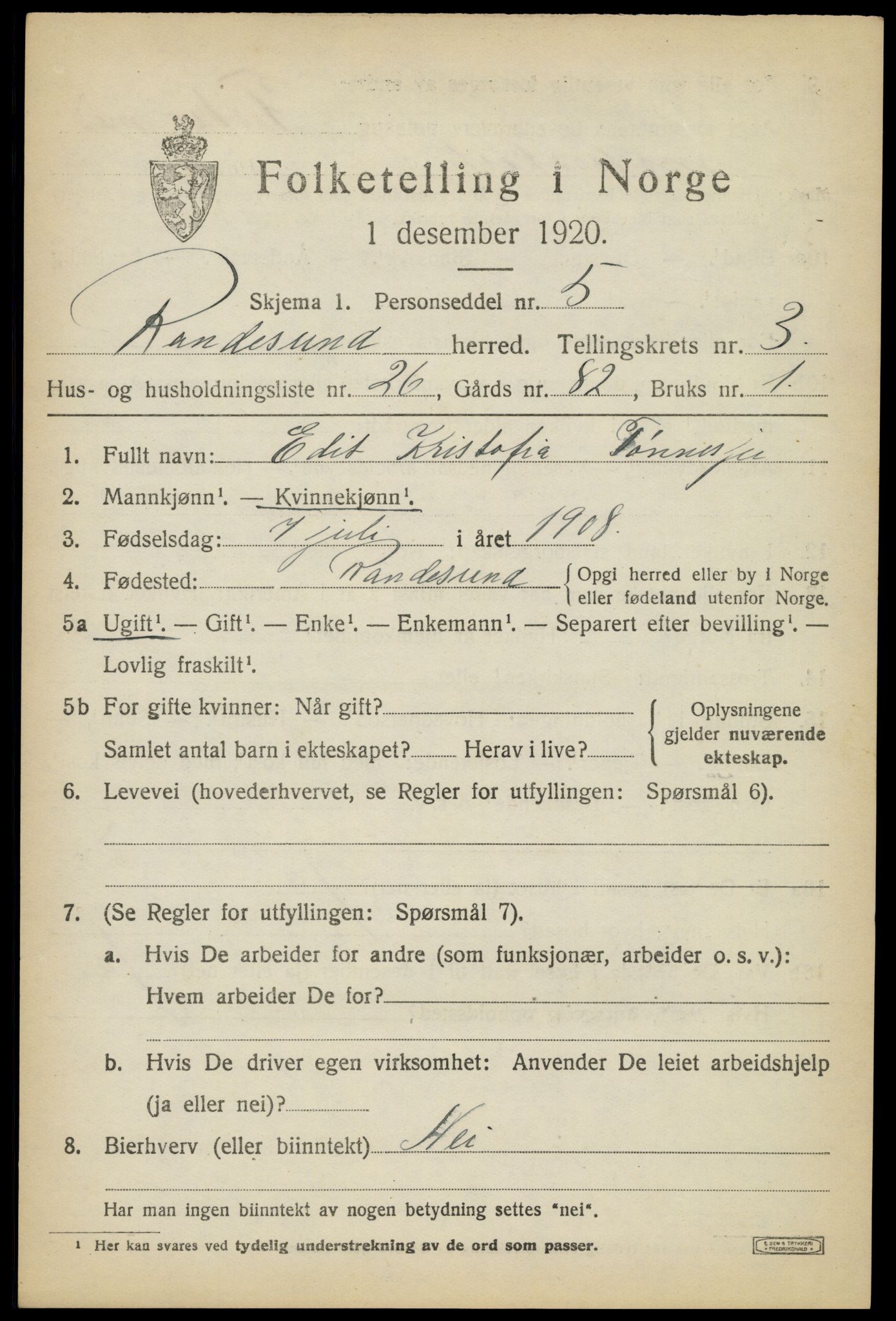 SAK, Folketelling 1920 for 1011 Randesund herred, 1920, s. 1748