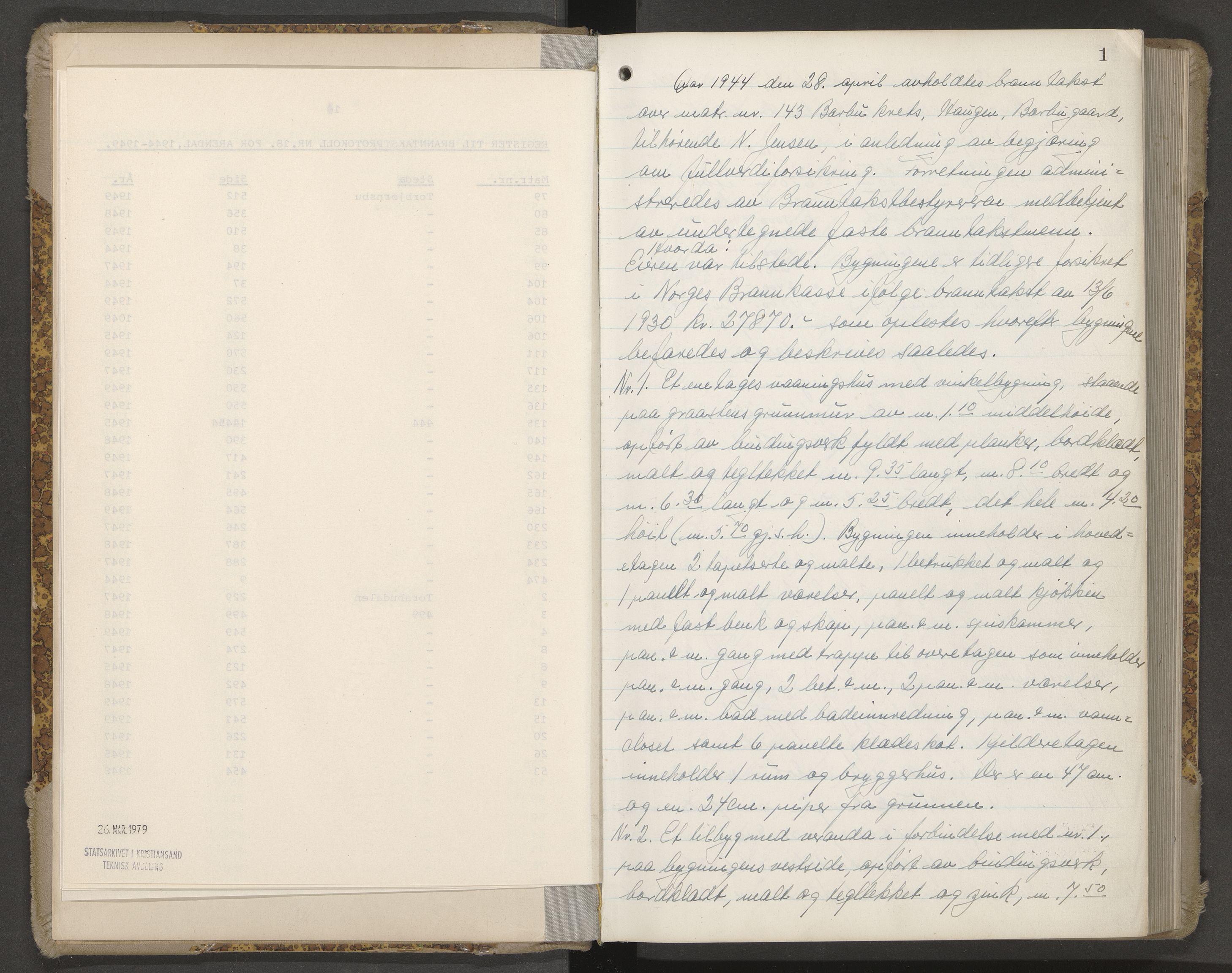 Norges Brannkasse Arendal, AV/SAK-2241-0002/F/Fa/L0035: Branntakstprotokoll nr. 33 med matrikkelnummerregister, 1944-1949