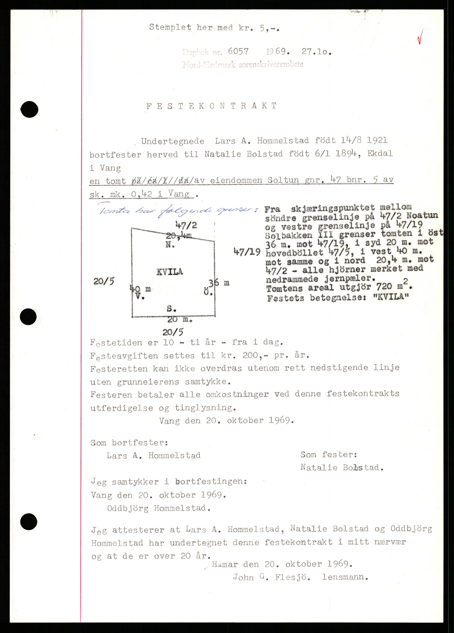 Nord-Hedmark sorenskriveri, SAH/TING-012/H/Hb/Hbf/L0082: Pantebok nr. B82, 1969-1969, Dagboknr: 6057/1969