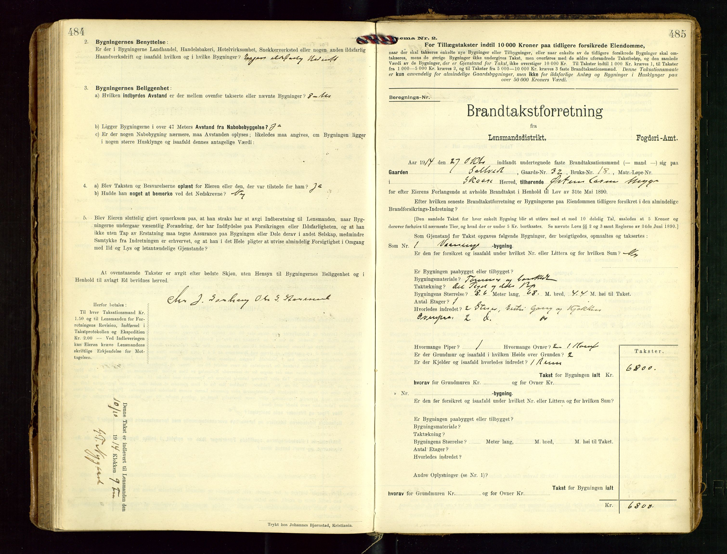 Torvestad lensmannskontor, SAST/A-100307/1/Gob/L0004: "Brandtaxationsprotokol for Torvestad Lensmannsdistrikt", 1909-1923, s. 484-485