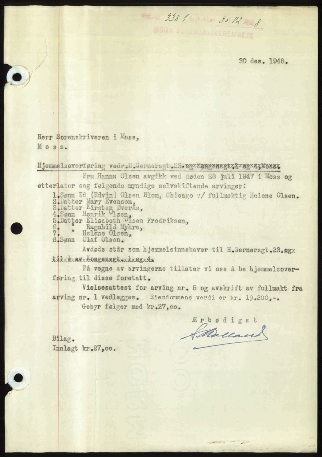 Moss sorenskriveri, SAO/A-10168: Pantebok nr. A20, 1948-1948, Dagboknr: 3381/1948