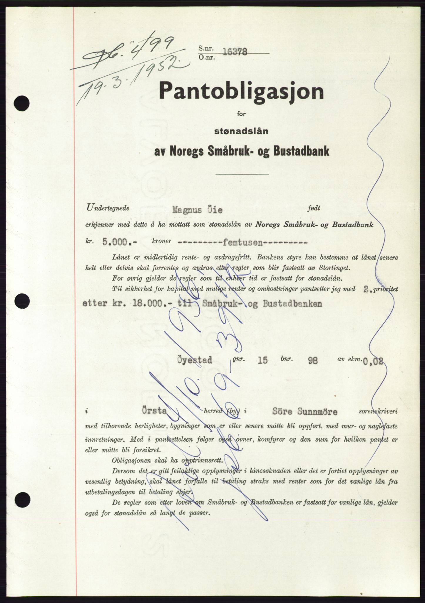 Søre Sunnmøre sorenskriveri, AV/SAT-A-4122/1/2/2C/L0121: Pantebok nr. 9B, 1951-1952, Dagboknr: 499/1952