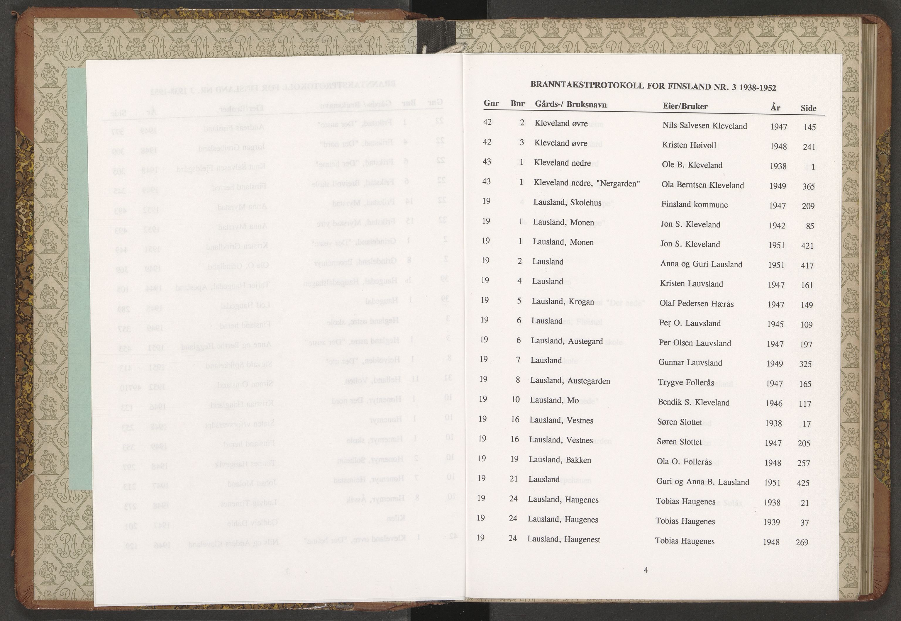 Norges Brannkasse Finsland, AV/SAK-2241-0013/F/Fa/L0003: Branntakstprotokoll nr. 3 med gårdsnavnregister, 1938-1952